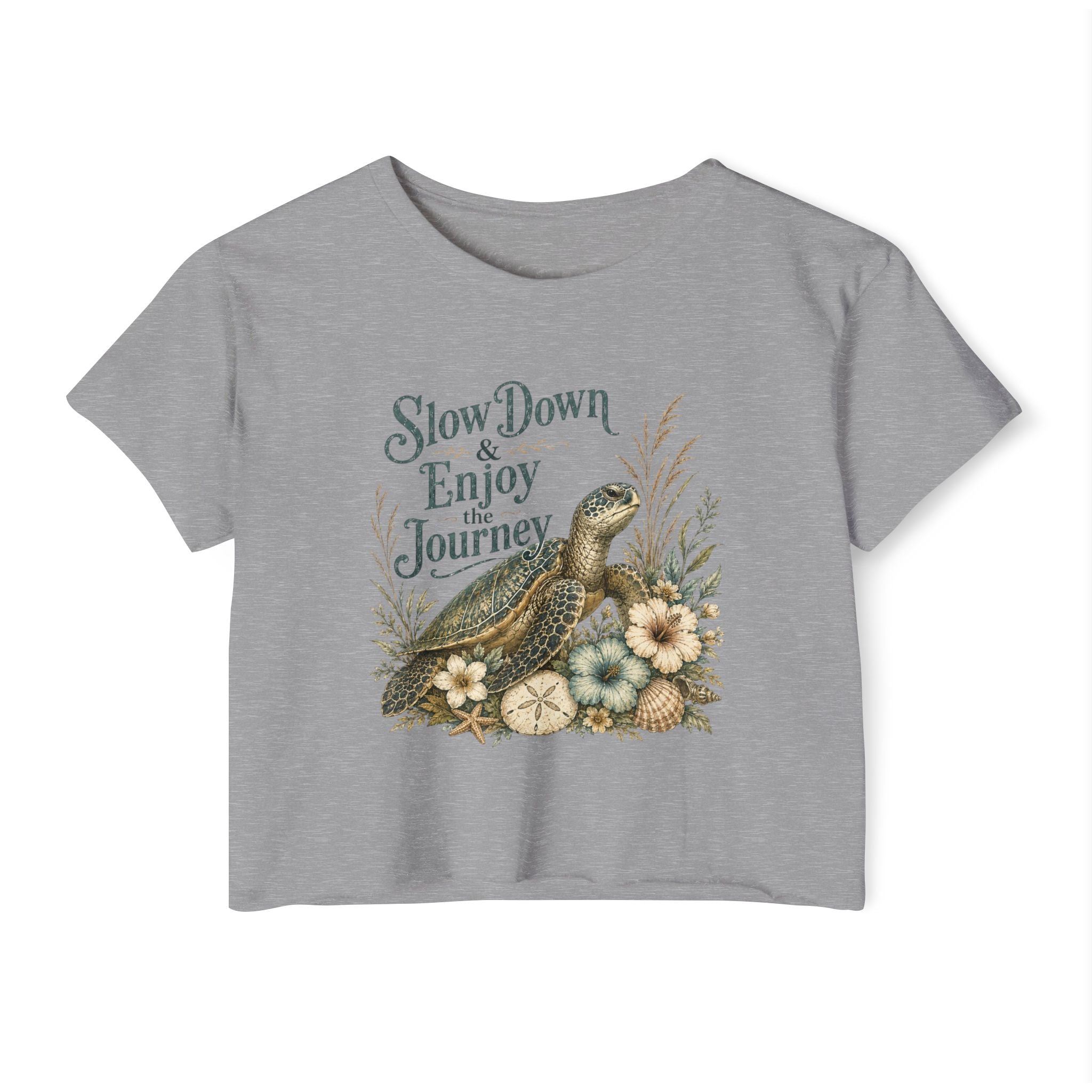 Women’s beach vibe Crop Top — “Slow Down & Enjoy the Journey” Sea Turtle Floral Festival Tee