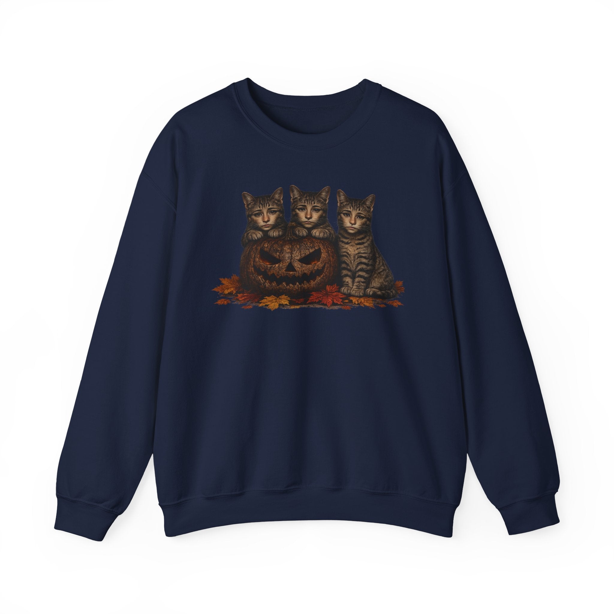 Halloween Cat Trio Crewneck Sweatshirt — Vintage Pumpkin Cats Fall Graphic