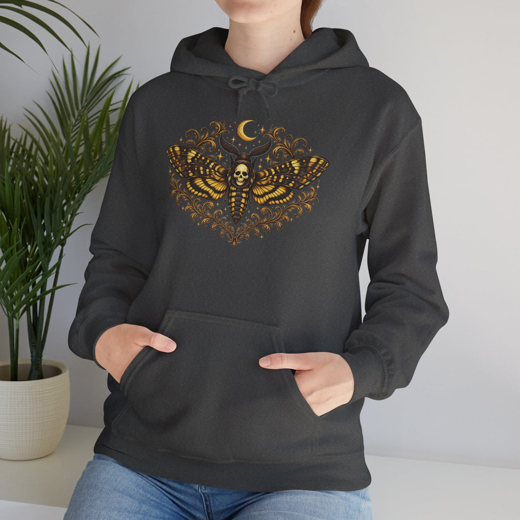 Mystic Death Moth Skull Hoodie – Crescent Moon Gothic Graphic Sweatshirt