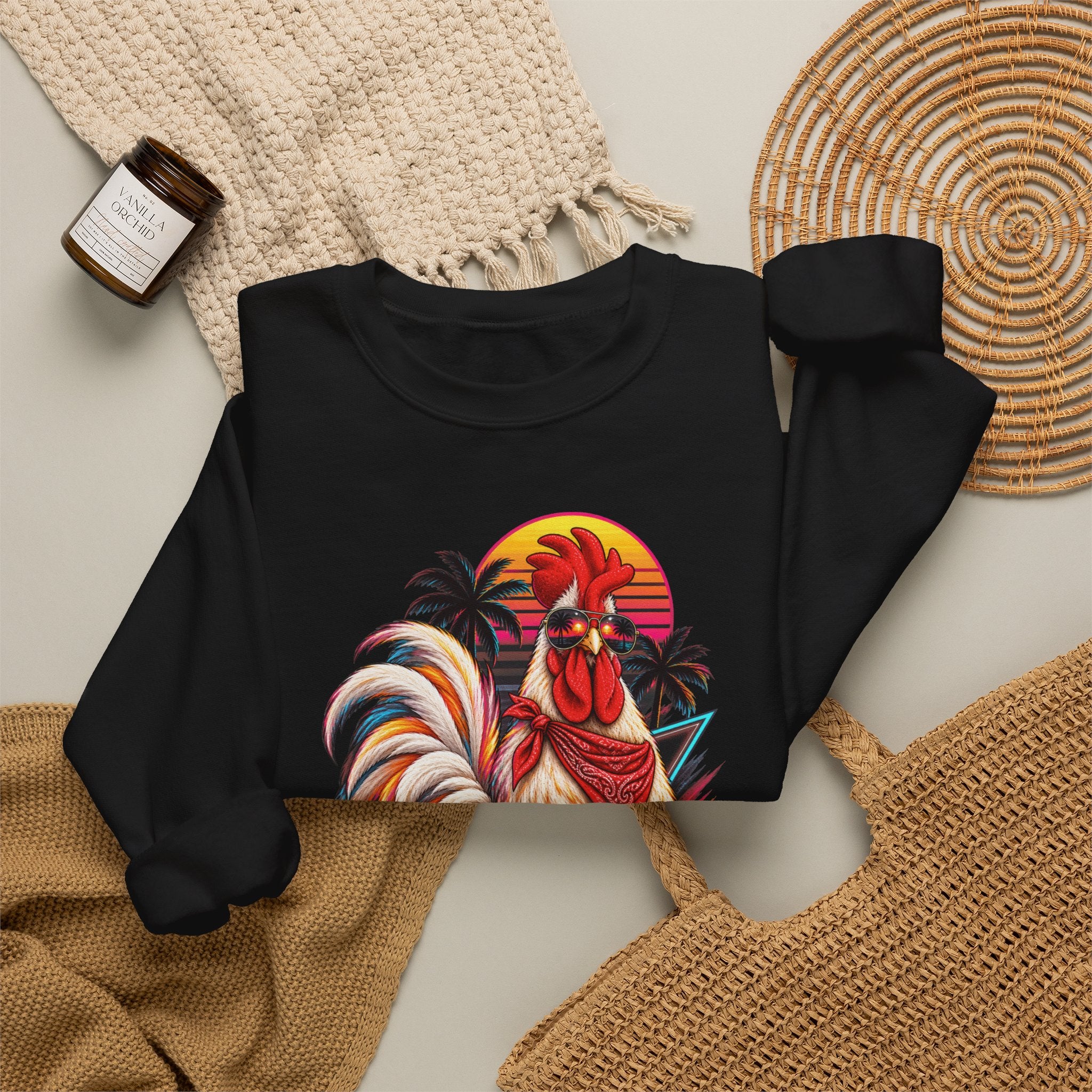Rooster Sunset Crewneck Sweatshirt — Tropical Farm Rooster Graphic