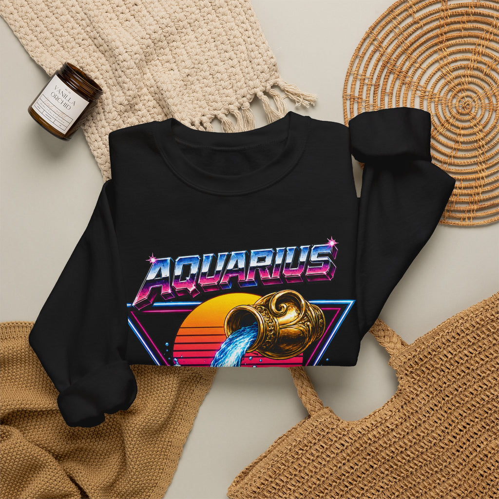 Aquarius Zodiac Crewneck Sweatshirt — Retro Neon Water-Bearer Design