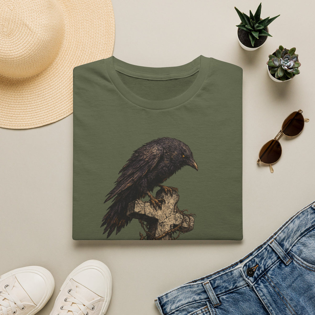 Raven on Graveyard T‑Shirt — Gothic Crow Cemetery Art Tee