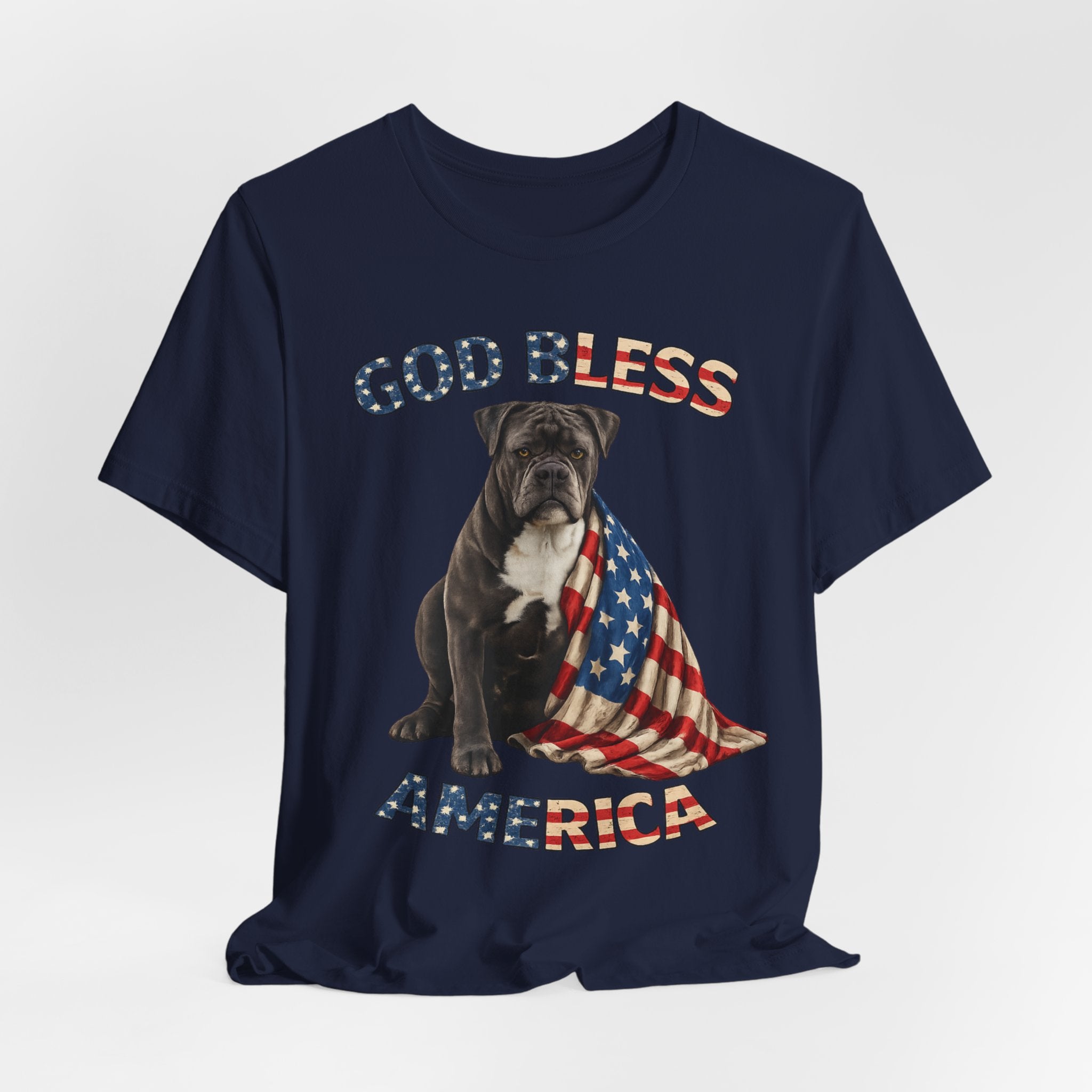 Patriotic Bulldog Tee – "God Bless America" USA Flag Dog T-Shirt