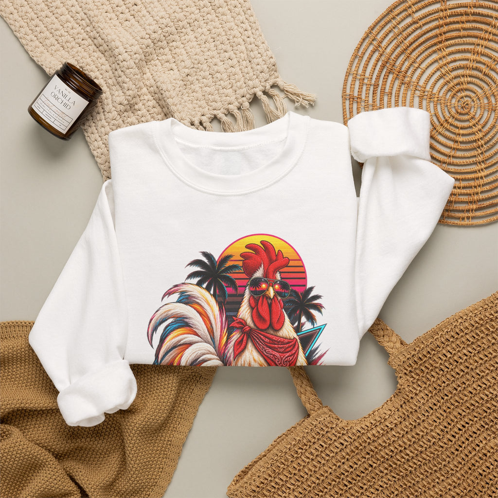 Rooster Sunset Crewneck Sweatshirt — Tropical Farm Rooster Graphic