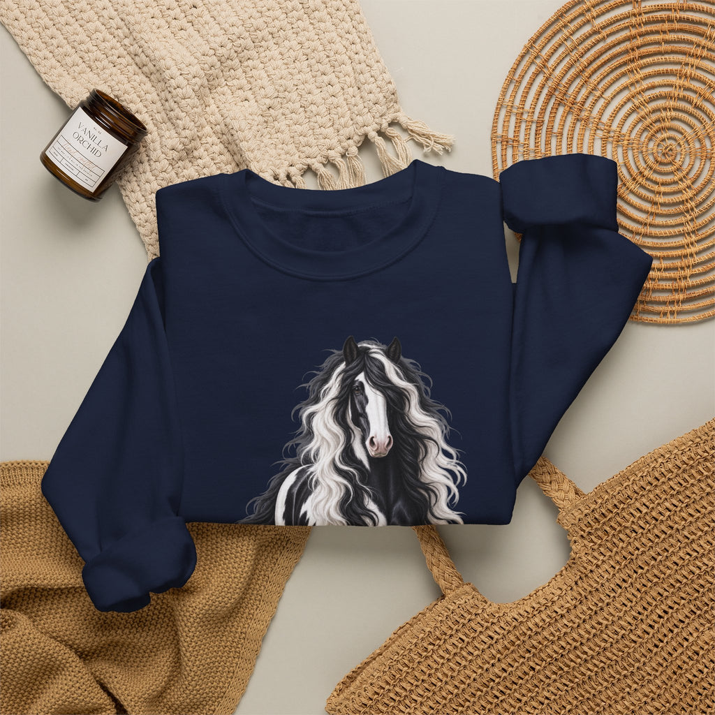 Gypsy Vanner Horse Crewneck Sweatshirt — Black & White Fluffy Pony Graphic