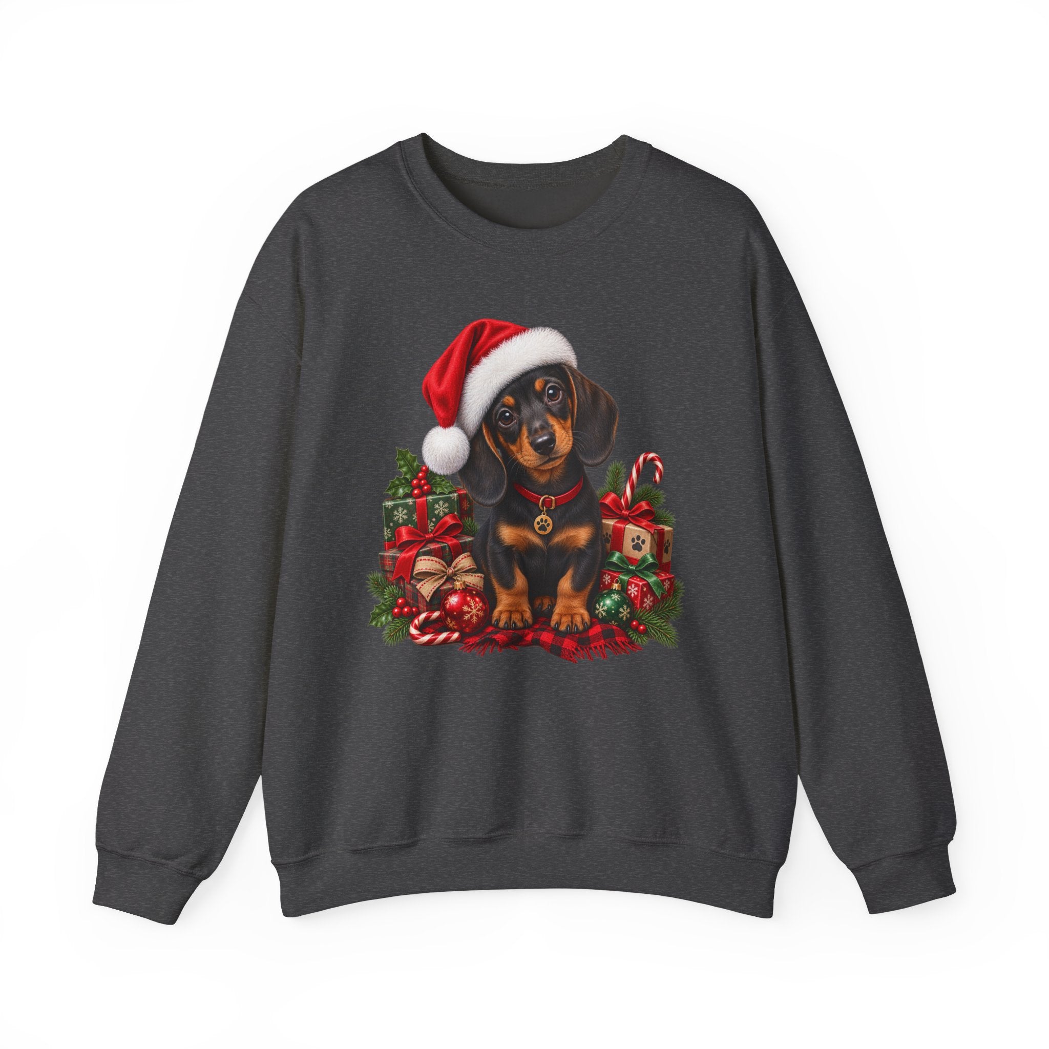 Christmas Dachshund Sweatshirt — Cute Puppy in Santa Hat Holiday Crewneck