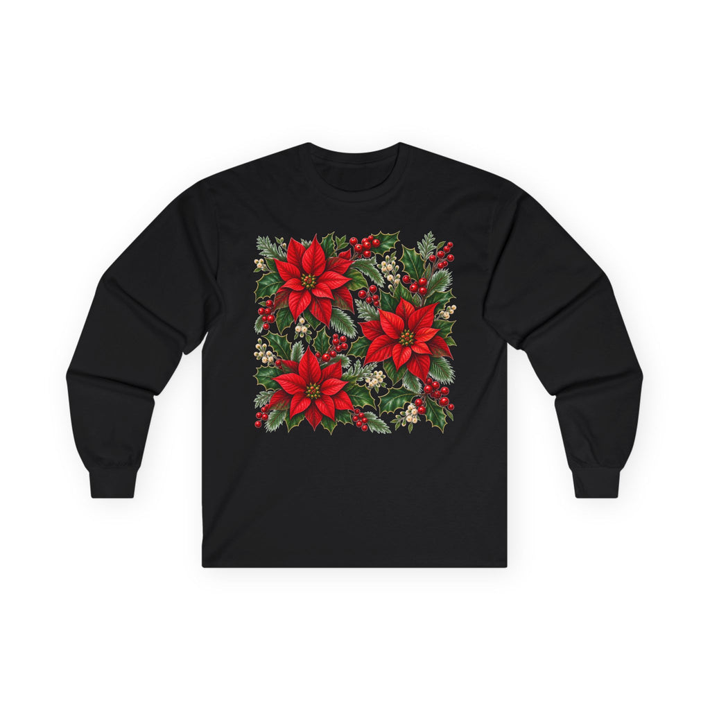 Poinsettia Holiday Long Sleeve Tee — Christmas Floral Sweater Alternative