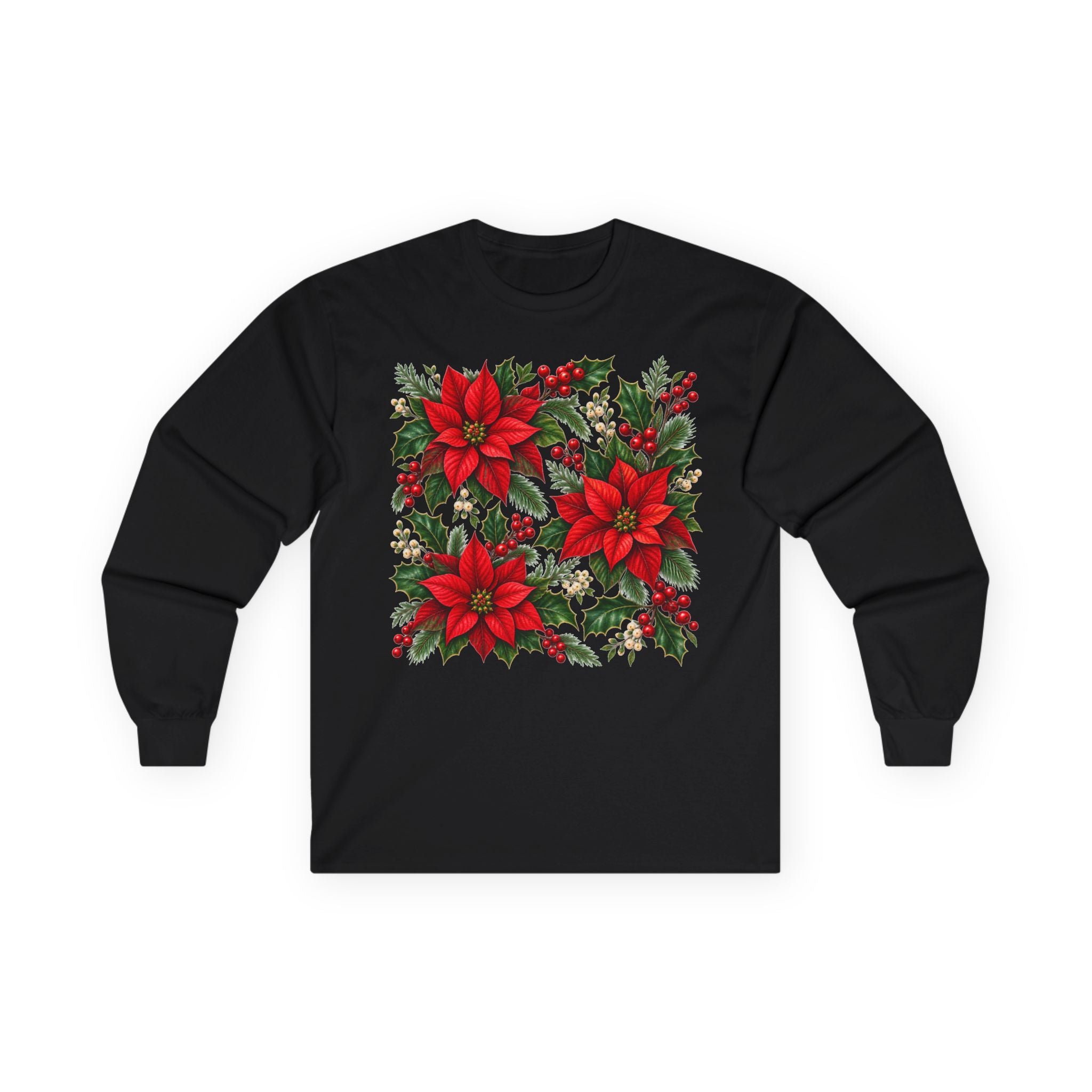 Poinsettia Holiday Long Sleeve Tee — Christmas Floral Sweater Alternative