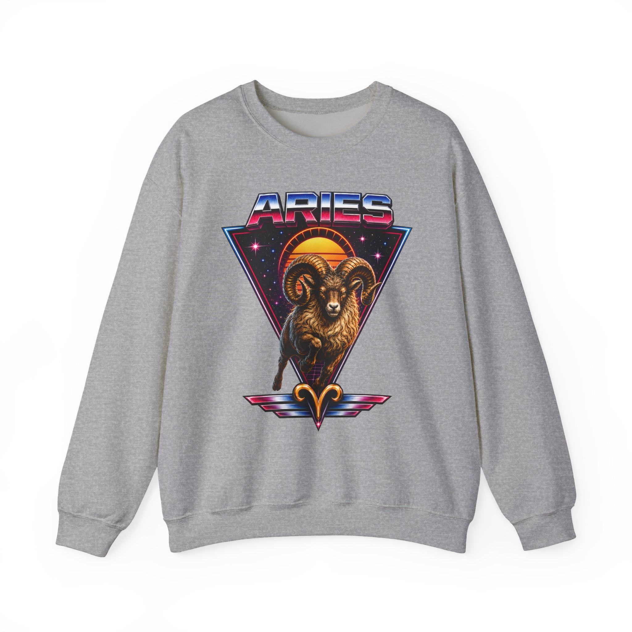 Aries Zodiac Crewneck Sweatshirt — 80s Retro Ram Astrology Graphic