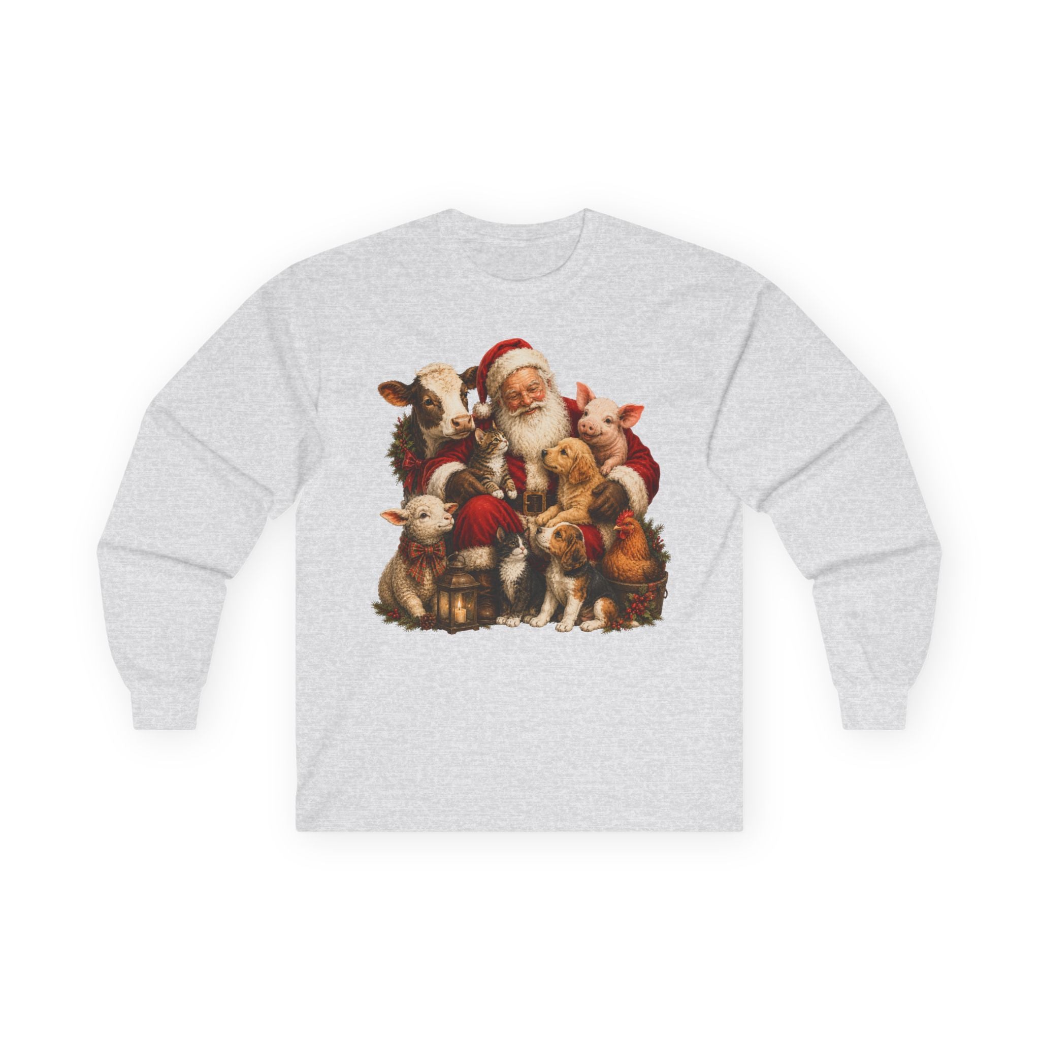 Christmas Santa with farm animals Long Sleeve Tee — Vintage Holiday Animal Shirt