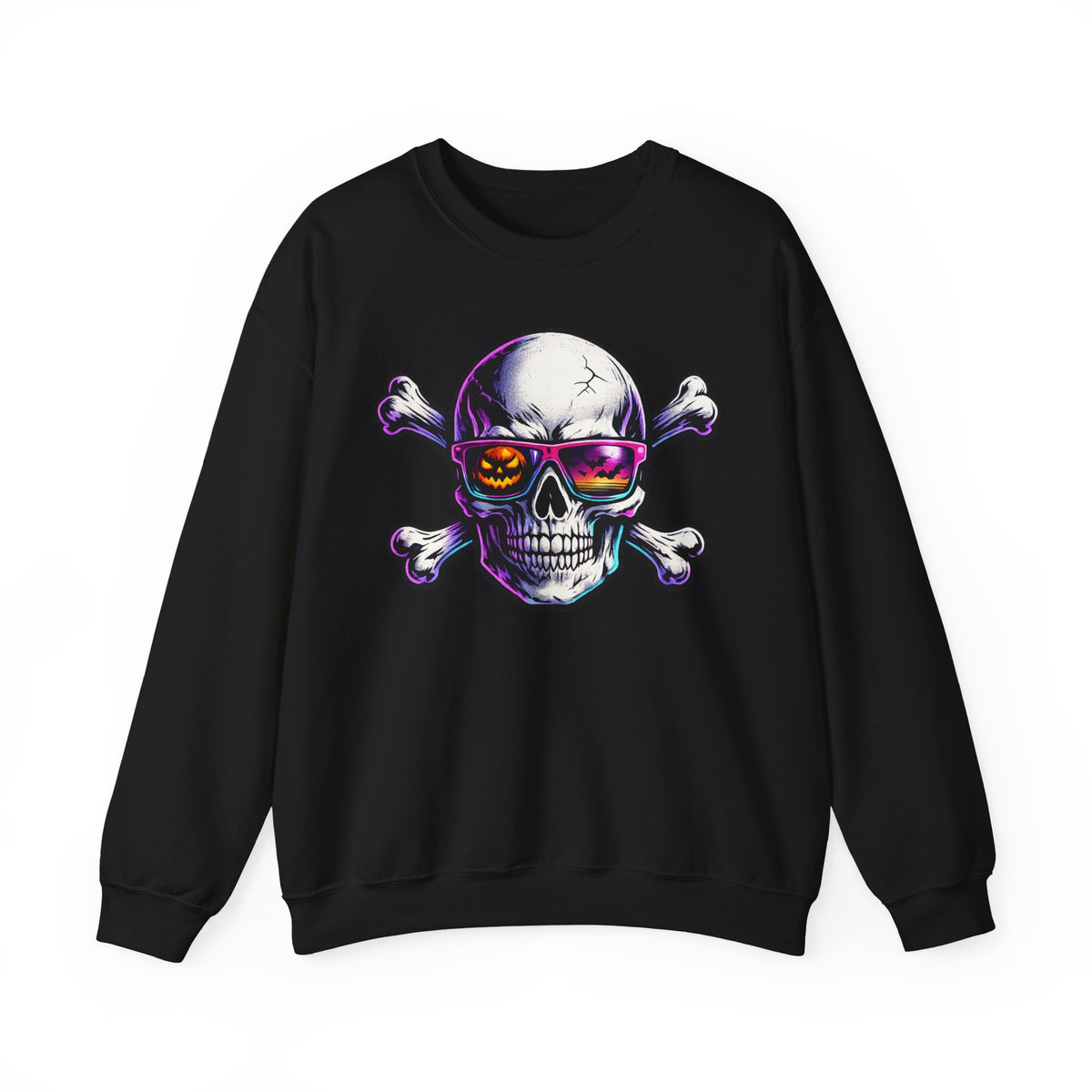 Skull & Crossbones Crewneck Sweatshirt — Neon Sunglasses Halloween Skull Graphic