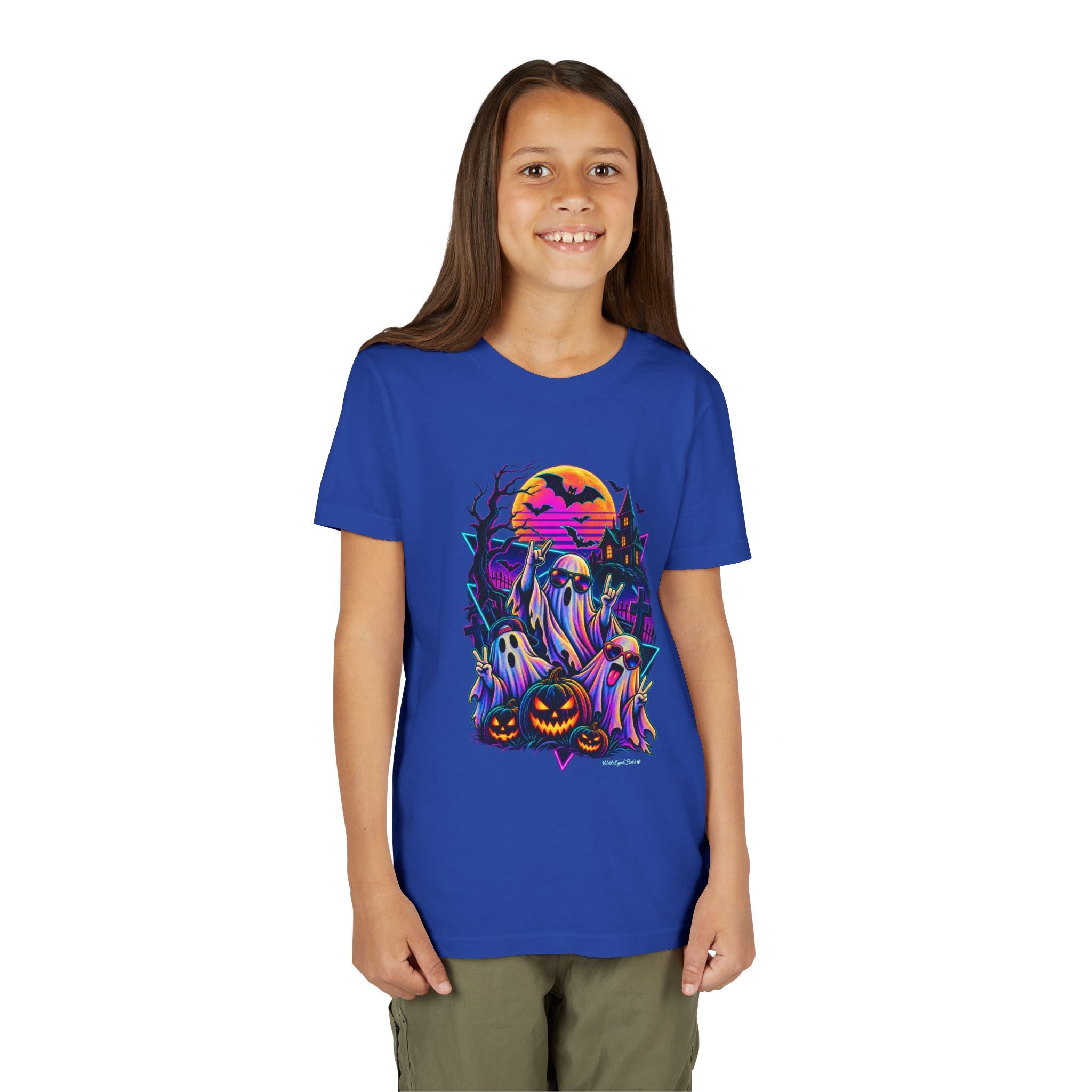 Youth Halloween Ghosts T‑Shirt — Neon Retro Pumpkin Tee
