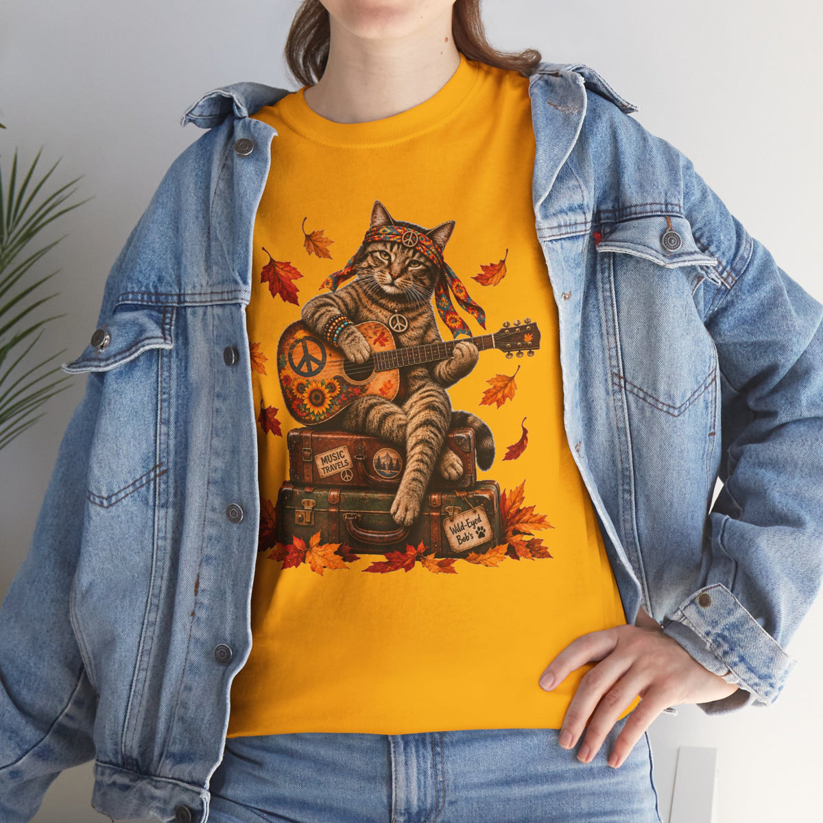 Boho  Cat Guitar T-Shirt - Hippie cat fall shirt, Peace Love Music Tee