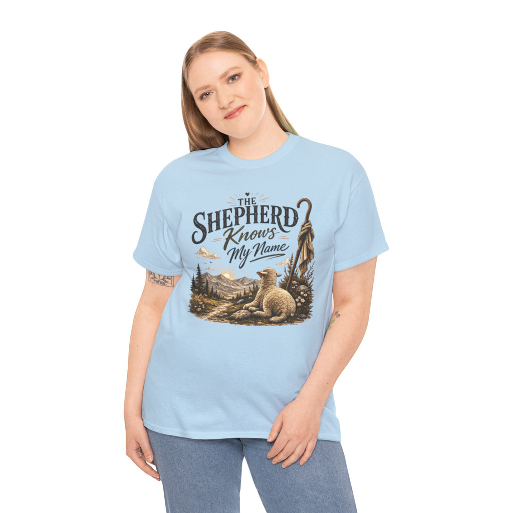 The Shepherd Knows My Name T‑Shirt — Christian Faith Tee with Shepherd & Sheep Design