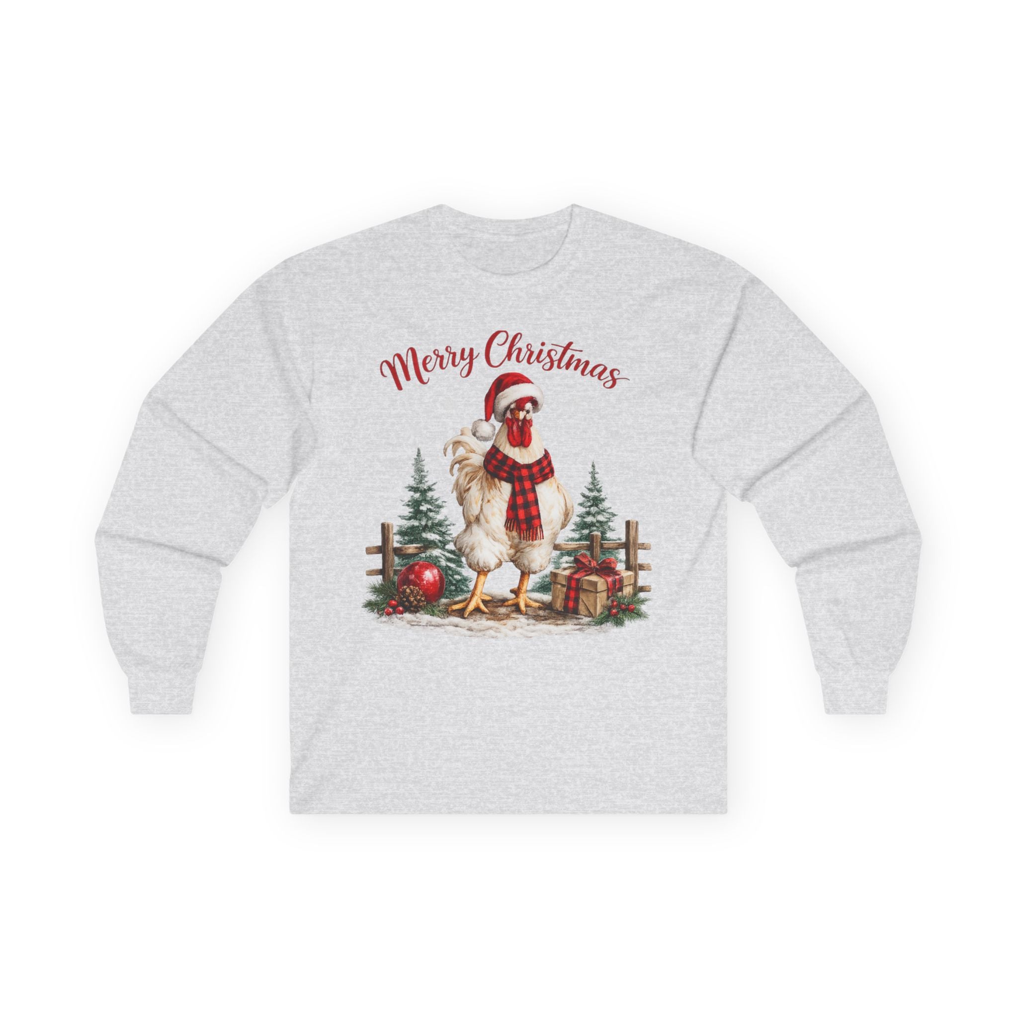 Christmas Rooster Long Sleeve Tee — “Merry Christmas” Holiday Duck with Scarf & Gifts