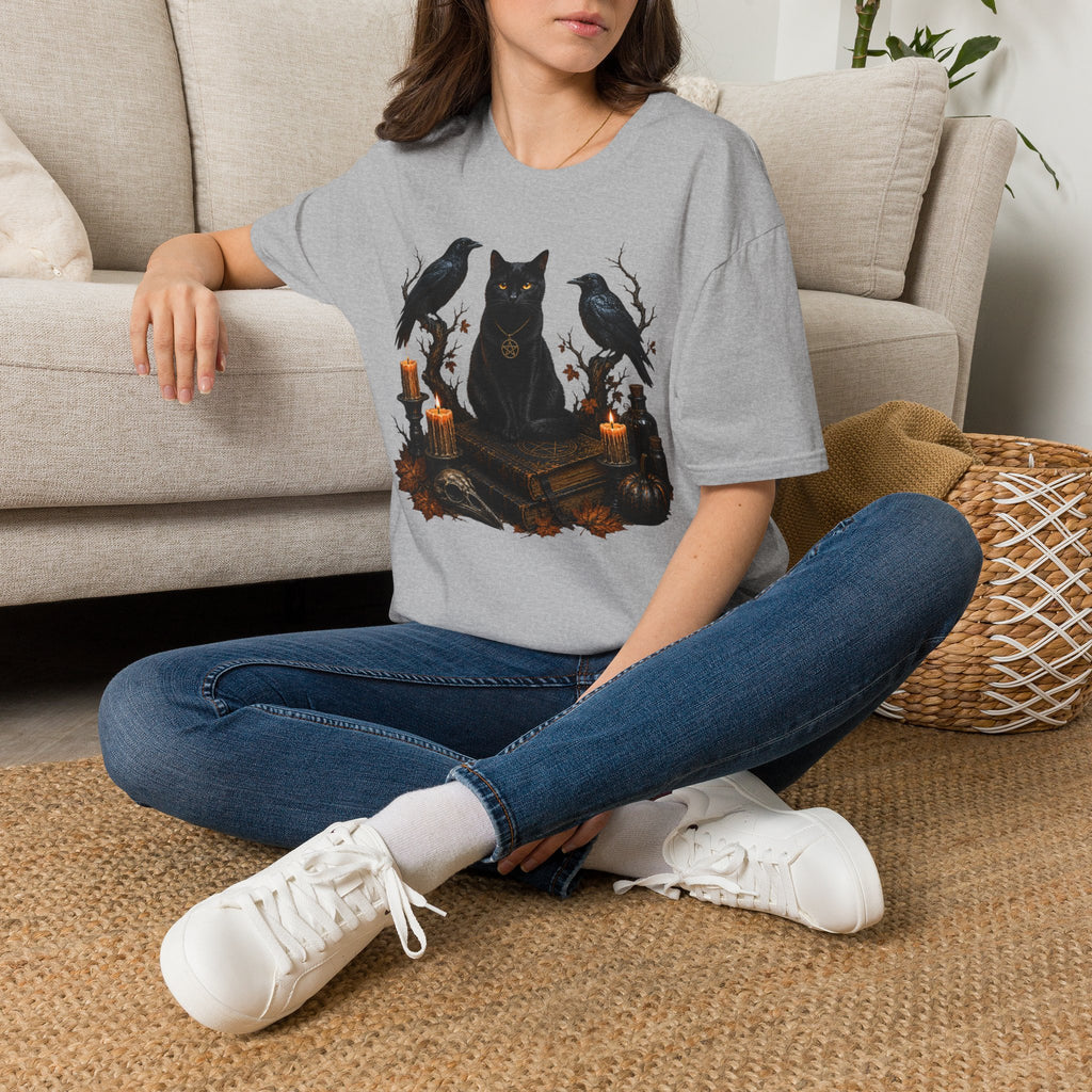 Occult Black Cat T-Shirt — Witchy Candle & Raven Spell Design
