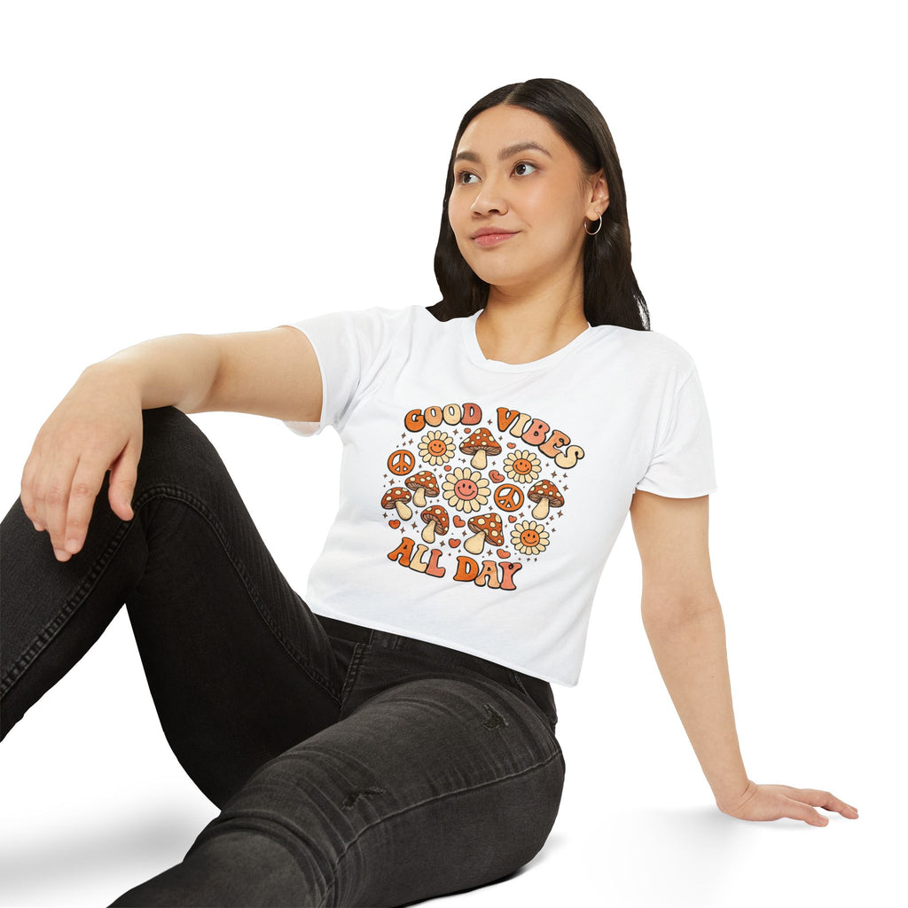 Good Vibes All Day Crop Top — Retro Mushroom & Sun Festival Tee