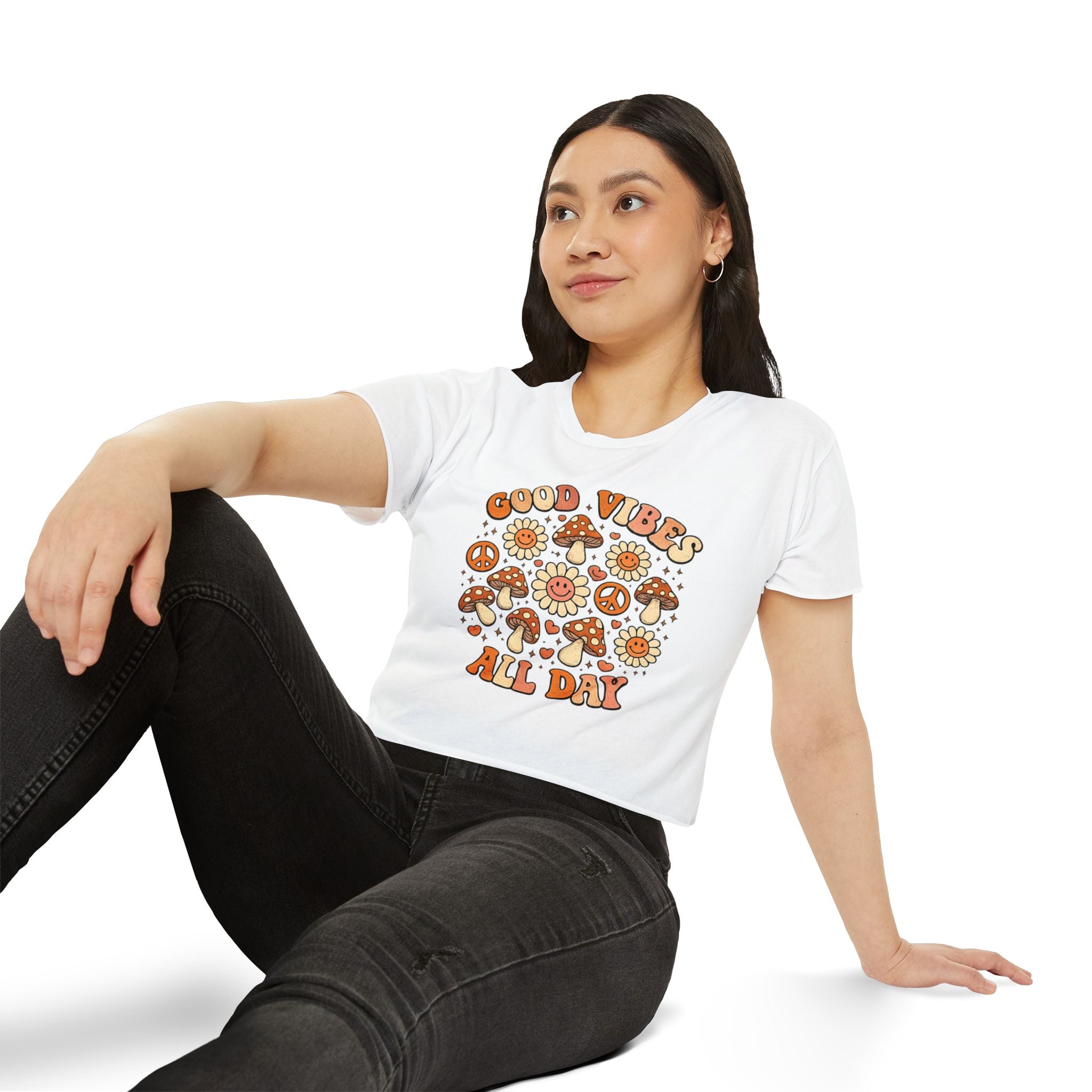 Good Vibes All Day Crop Top — Retro Mushroom & Sun Festival Tee