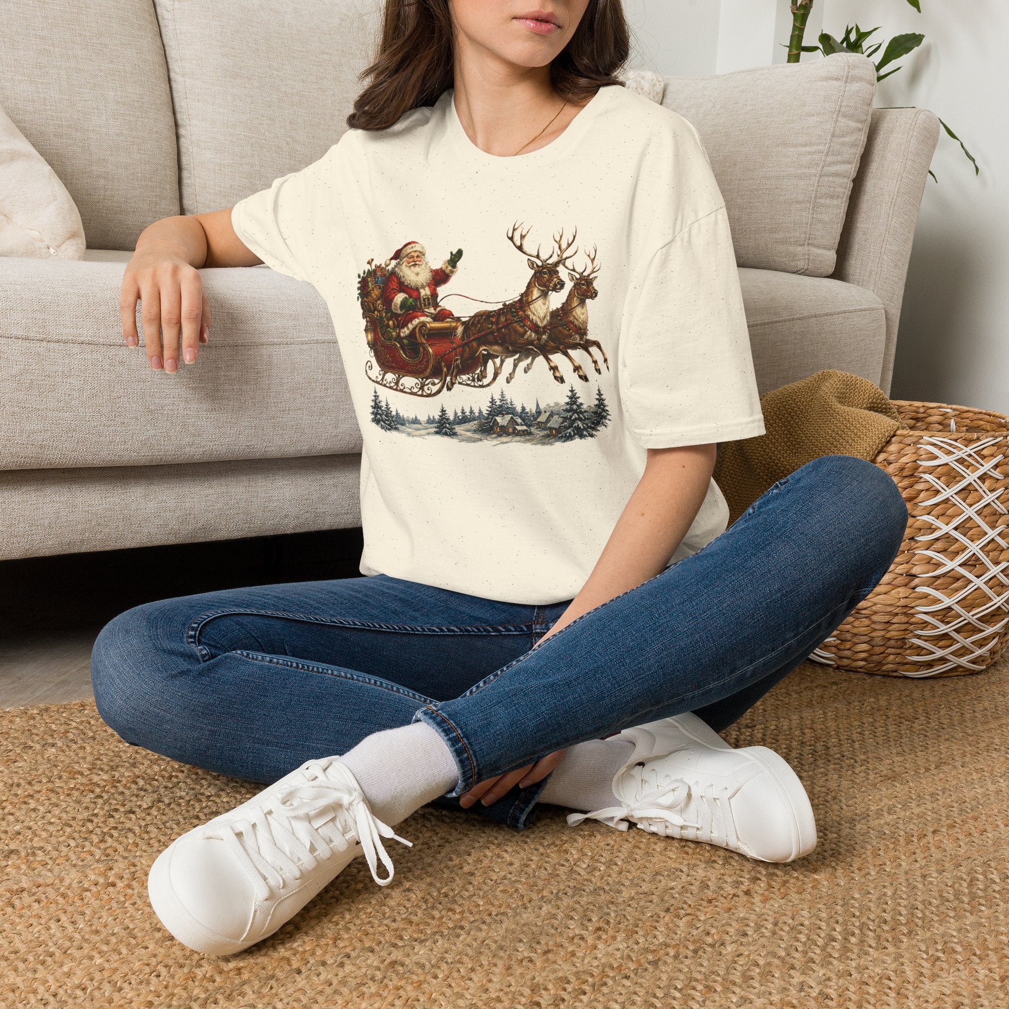 Santa Sleigh T-Shirt — Vintage Christmas Reindeer Holiday Tee