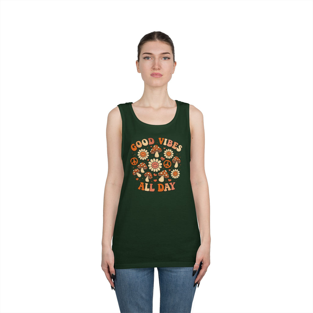Boho-Good Vibes All Day Tank Top — Retro Mushroom Peace Floral Graphic