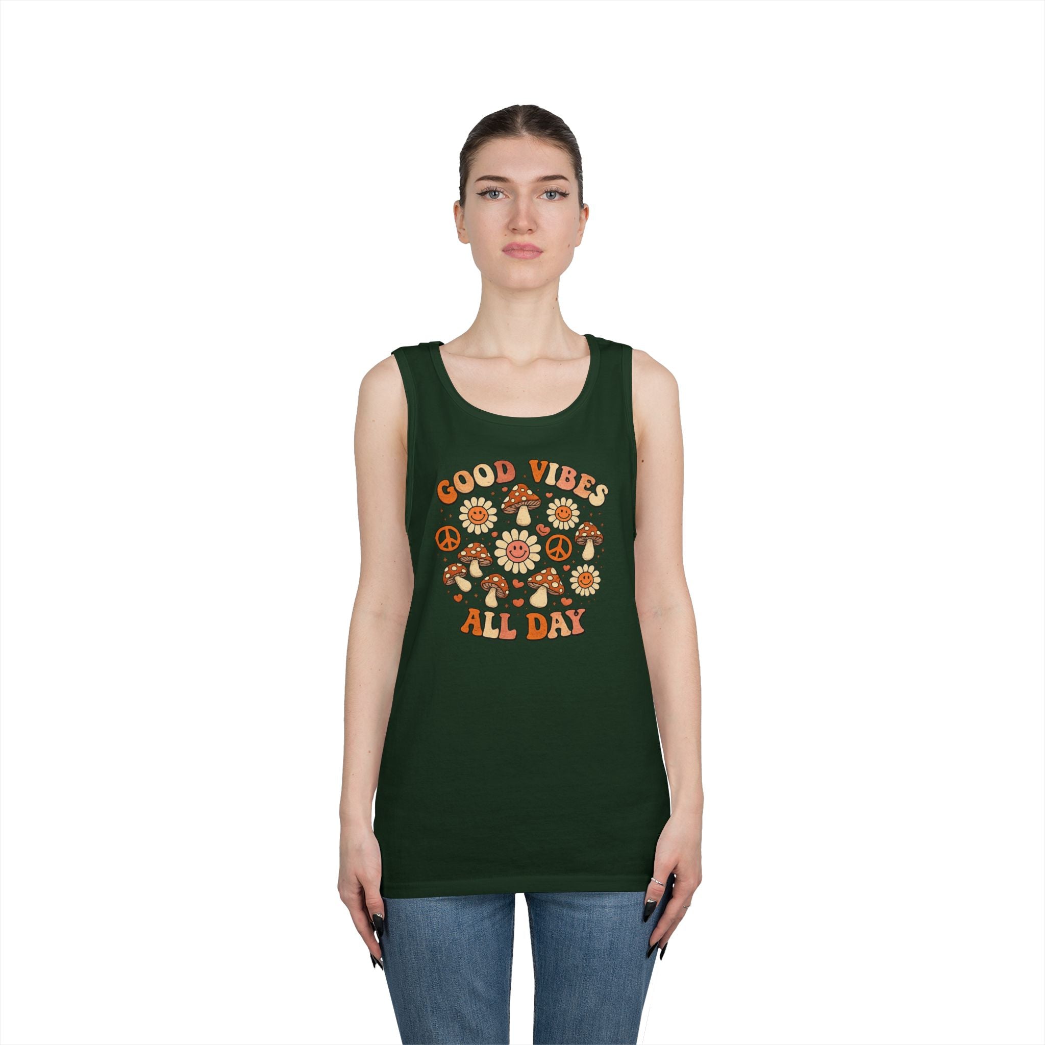 Boho-Good Vibes All Day Tank Top — Retro Mushroom Peace Floral Graphic
