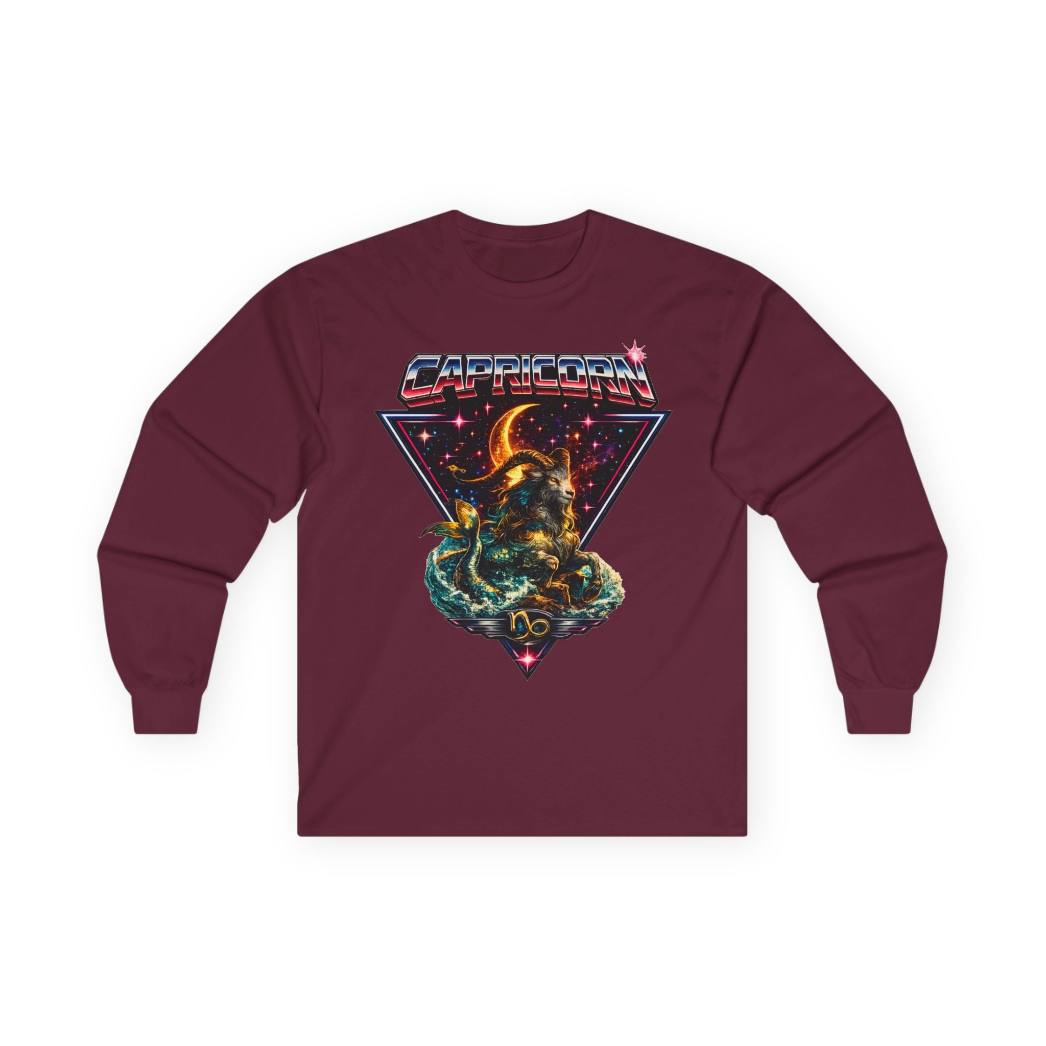 Capricorn Retro Zodiac Long Sleeve Tee-Vintage 80s Celestial Sea-Goat Design