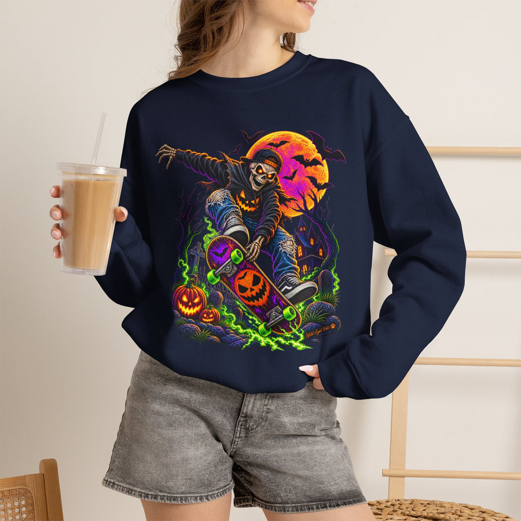 Halloween Skeleton Graveyard Sweatshirt — Spooky Pumpkin & Bats Crewneck