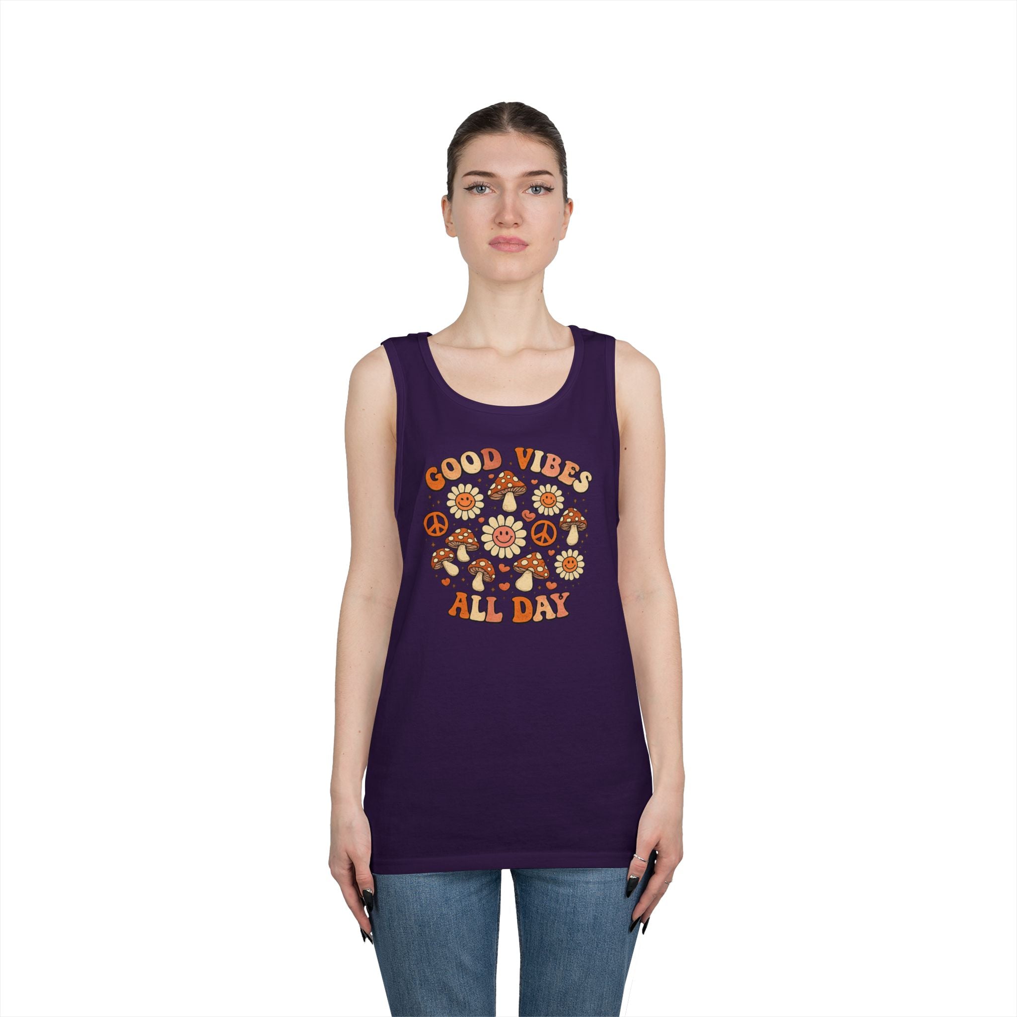 Boho-Good Vibes All Day Tank Top — Retro Mushroom Peace Floral Graphic