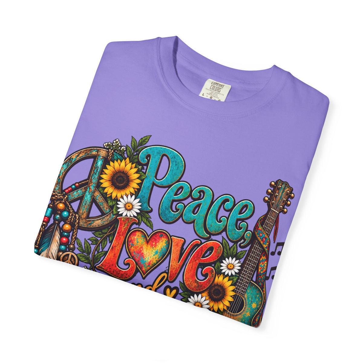 Peace, Love & Music Graphic T-Shirt — Retro Hippie Guitar Sunflower Tee