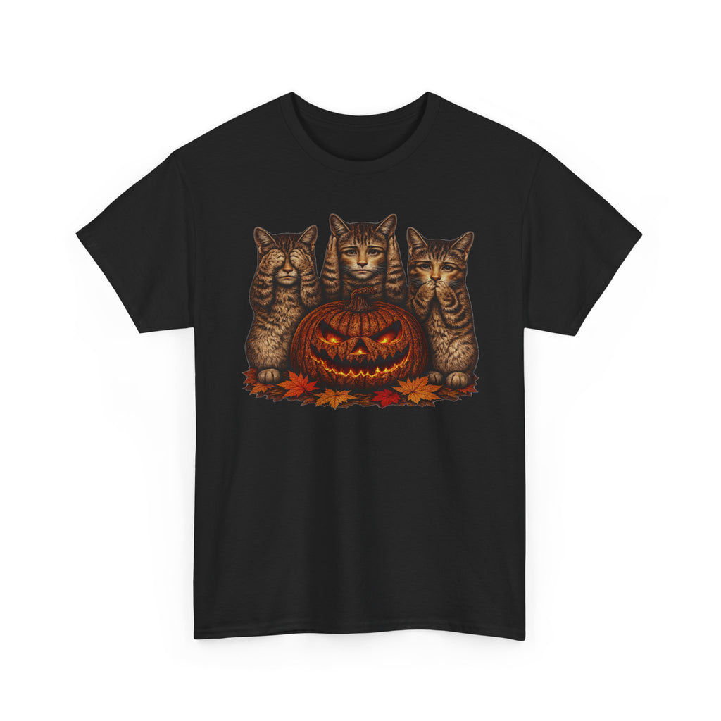 Halloween Cats T-Shirt — Trio of Kittens with Jack-O'-Lantern Fall Tee