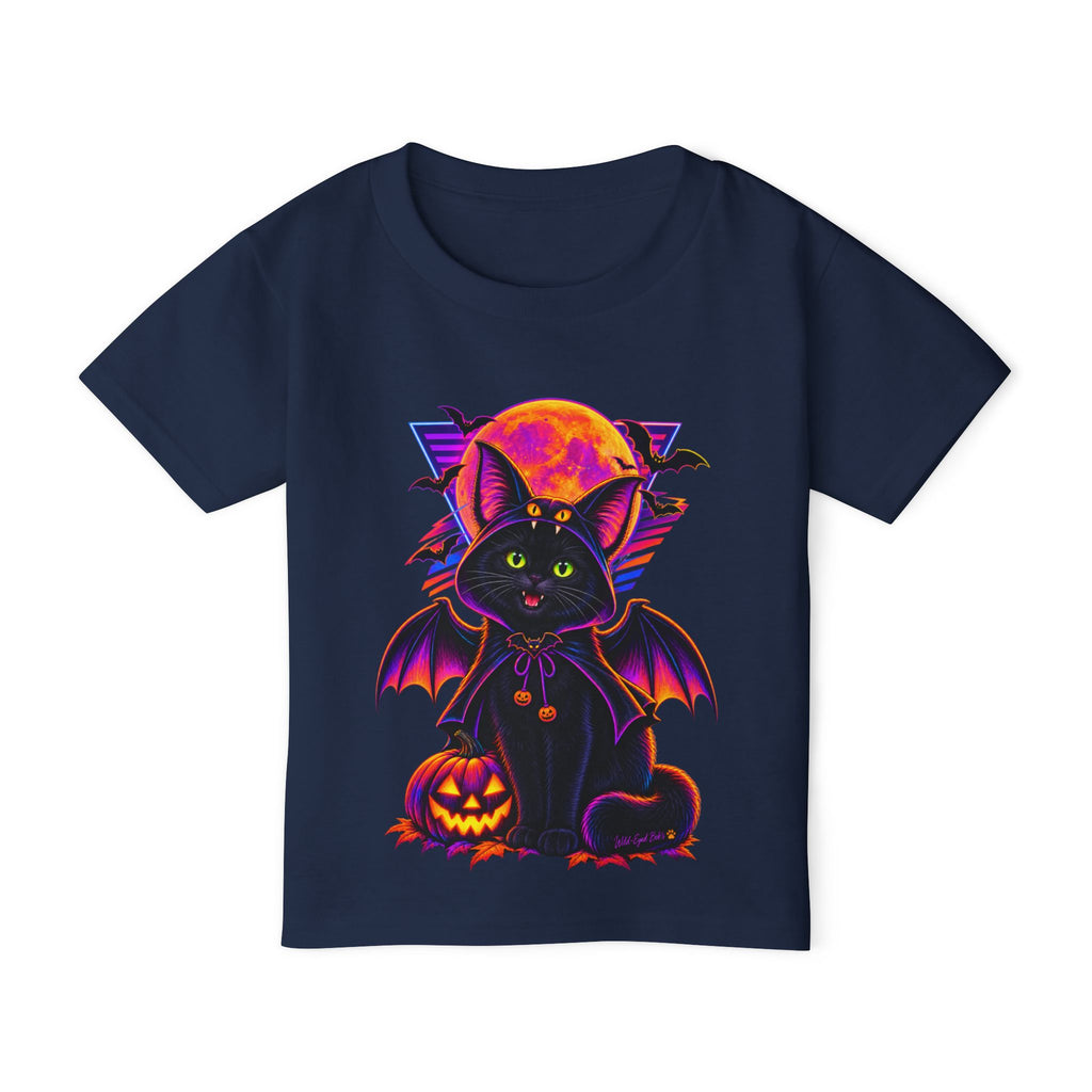 Toddler Halloween Bat Cat T-Shirt — Cute Black Cat with Pumpkin & Full Moon