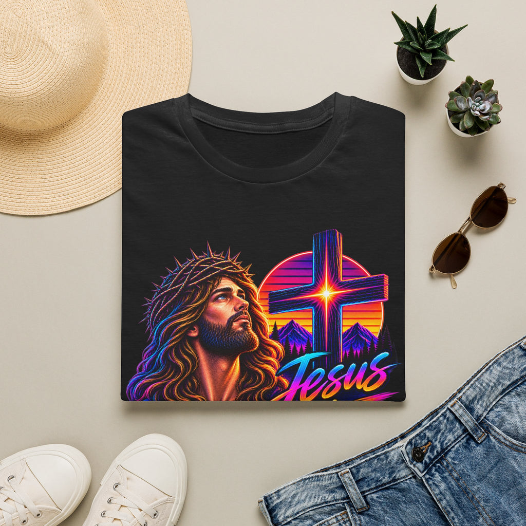 Jesus Is King T‑Shirt — Retro Neon Cross & Christ Portrait