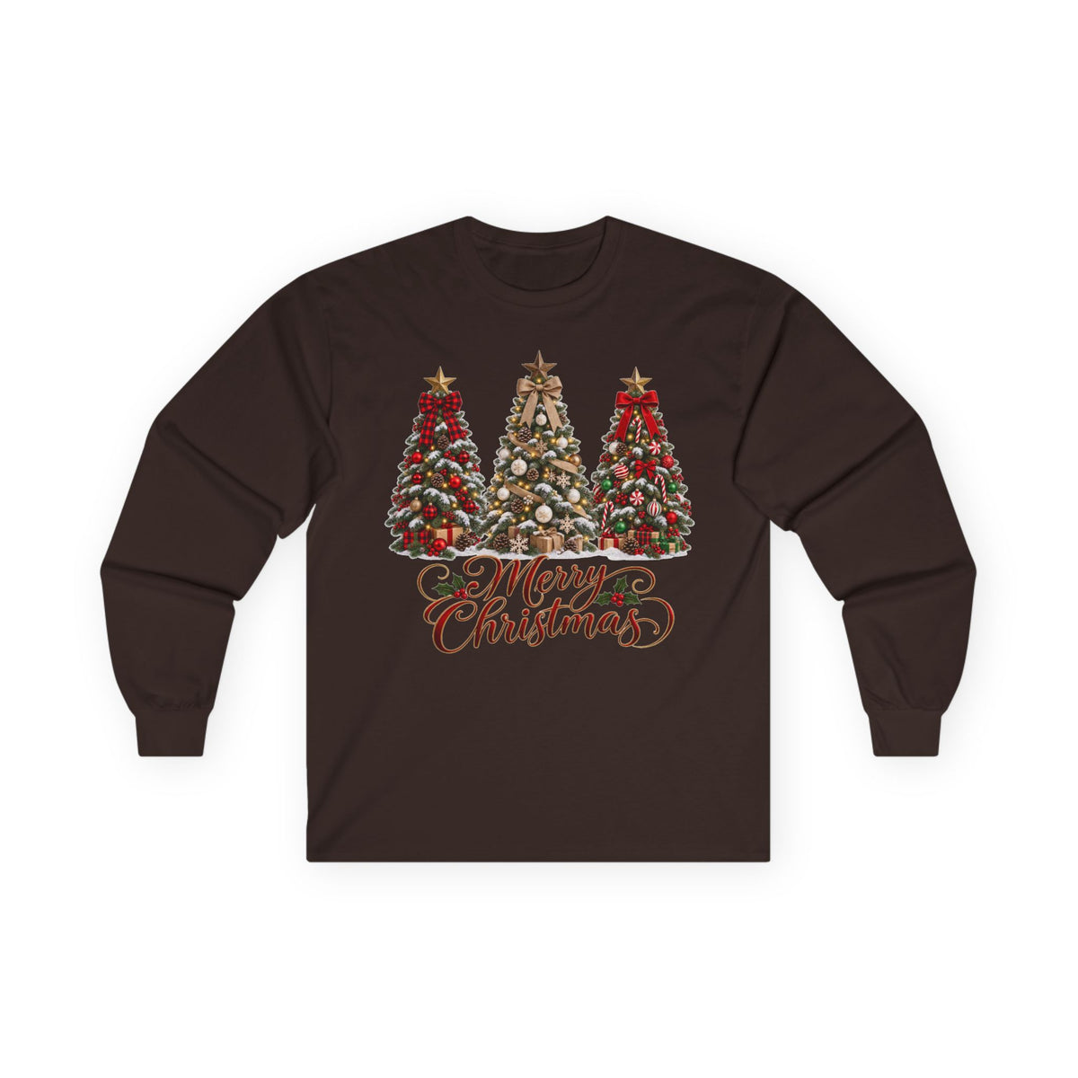 Long Sleeve Tee — Festive 'Merry Christmas' Triple Tree Holiday Graphic
