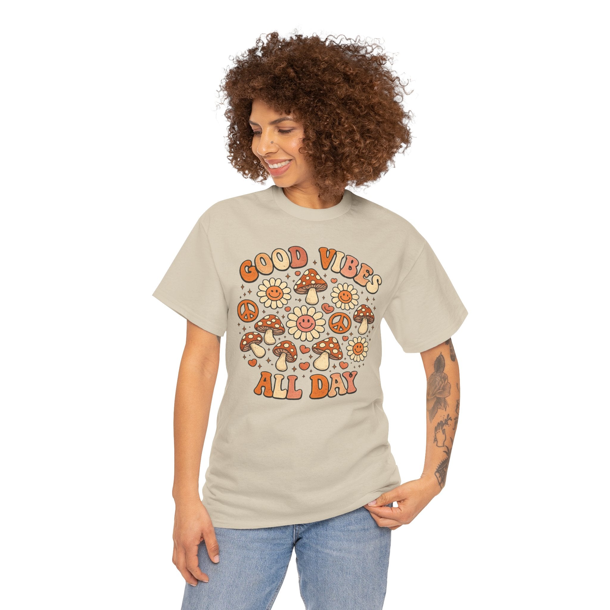 Boho-Good Vibes All Day T-Shirt — Retro Mushroom & Daisy Graphic Tee