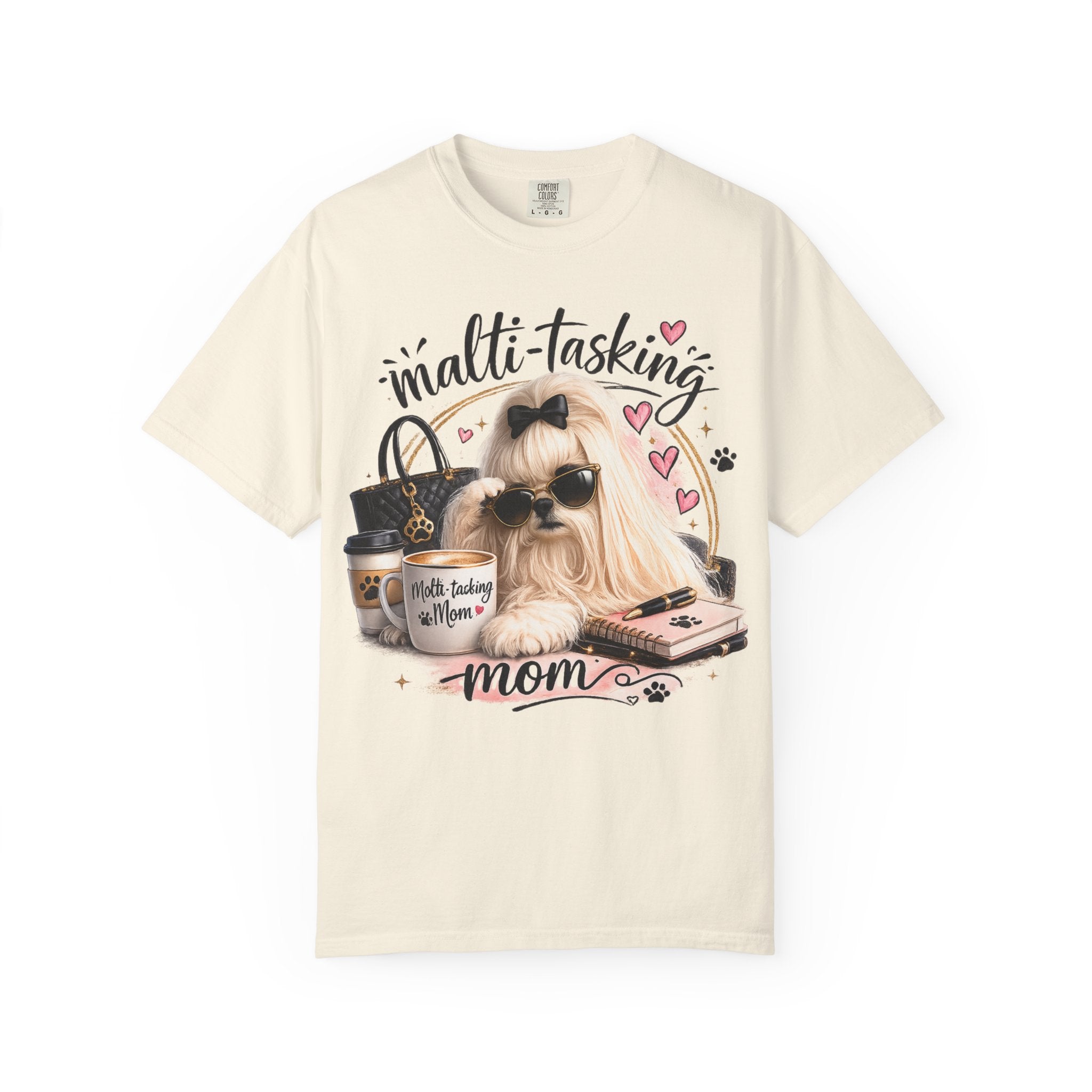 Multi-Tasking Mom T-Shirt – Cute Maltese Dog with Coffee & Handbag Graphic