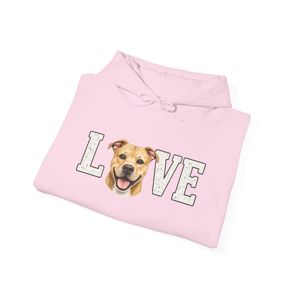 Pit Bull Love Hoodie — "LOVE" with Happy Pit Bull Dog Face | Pet Lover Pullover
