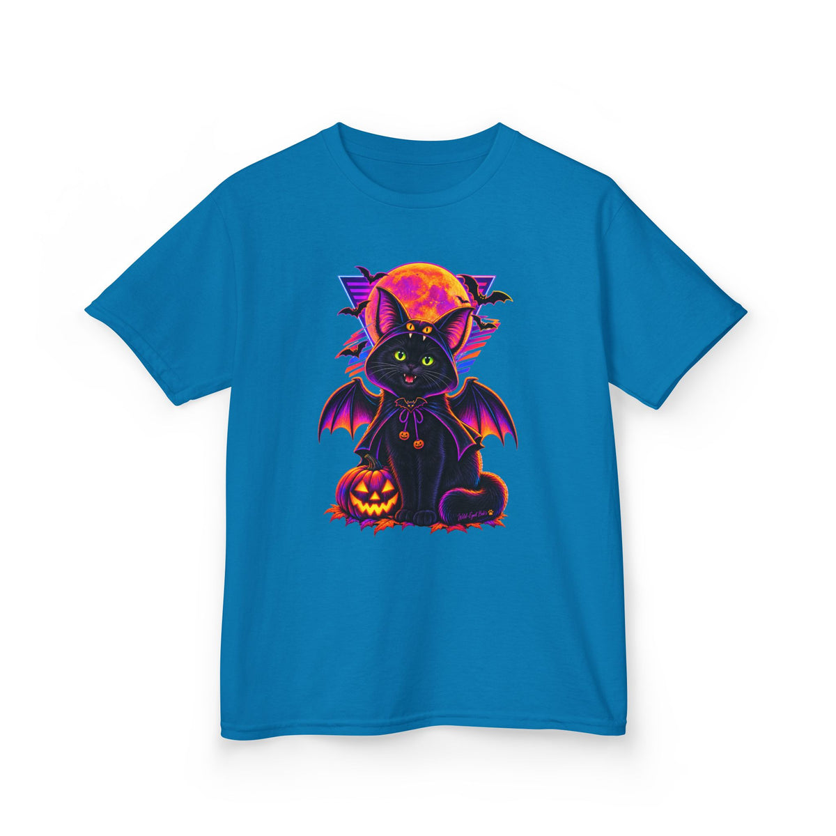 Kids Halloween Vampire  Bat Cat T-Shirt — Cute Black Cat with Pumpkin & Full Moon