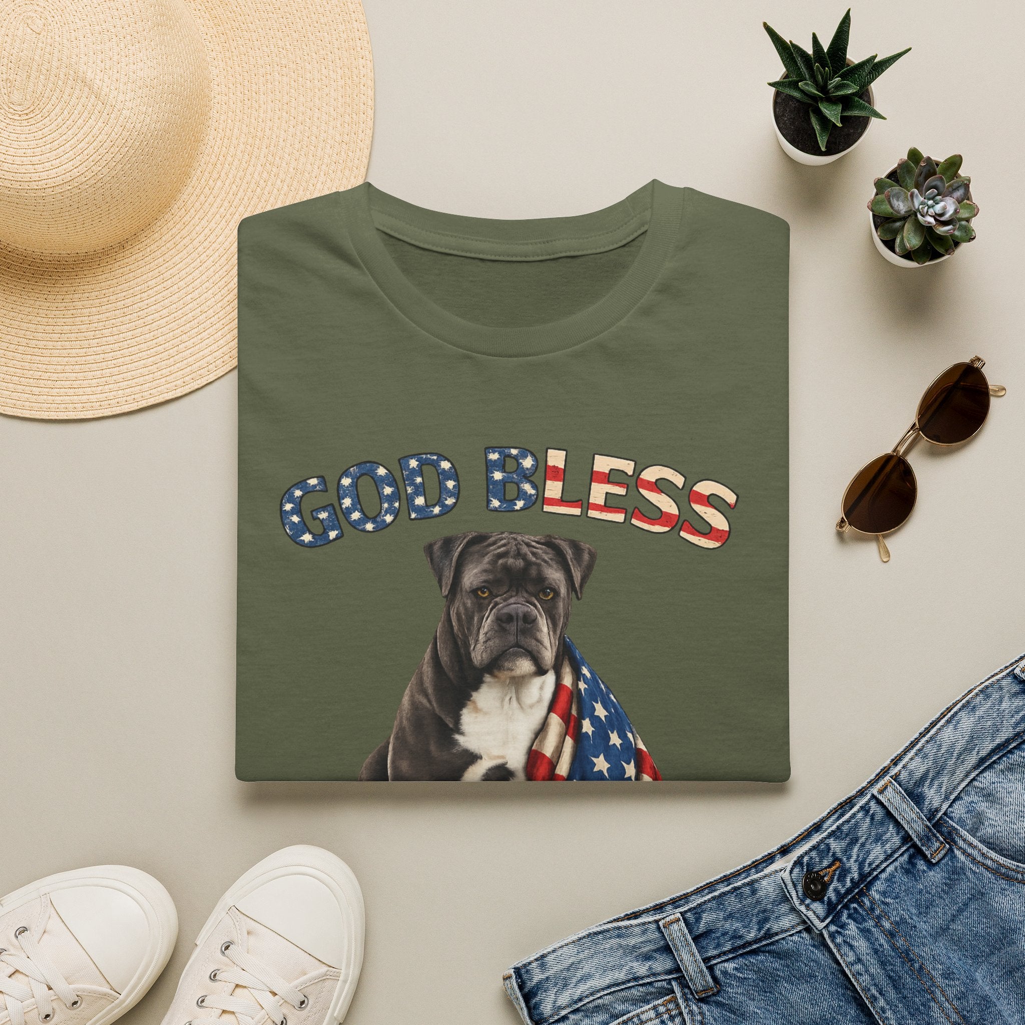 God Bless America Bulldog T-Shirt — Patriotic USA Flag Pup Tee
