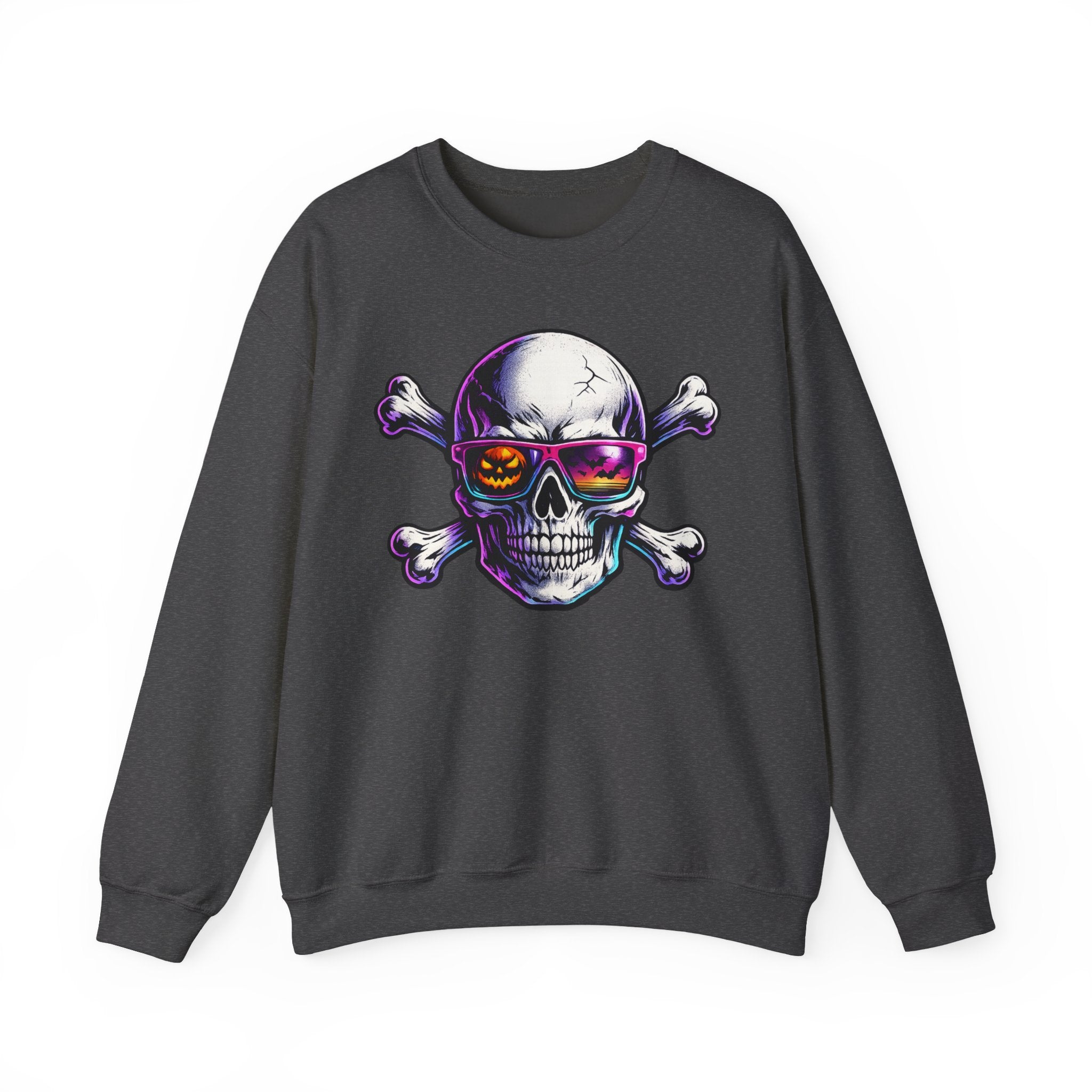 Skull & Crossbones Crewneck Sweatshirt — Neon Sunglasses Halloween Skull Graphic