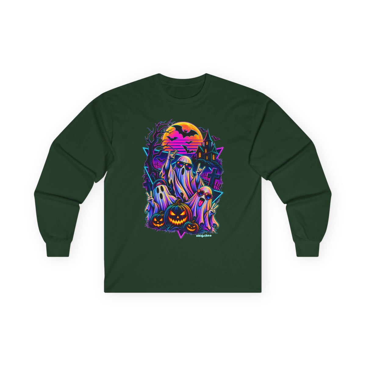 Halloween Ghosts Long Sleeve Tee – Neon Spooky Pumpkin Graveyard Shirt