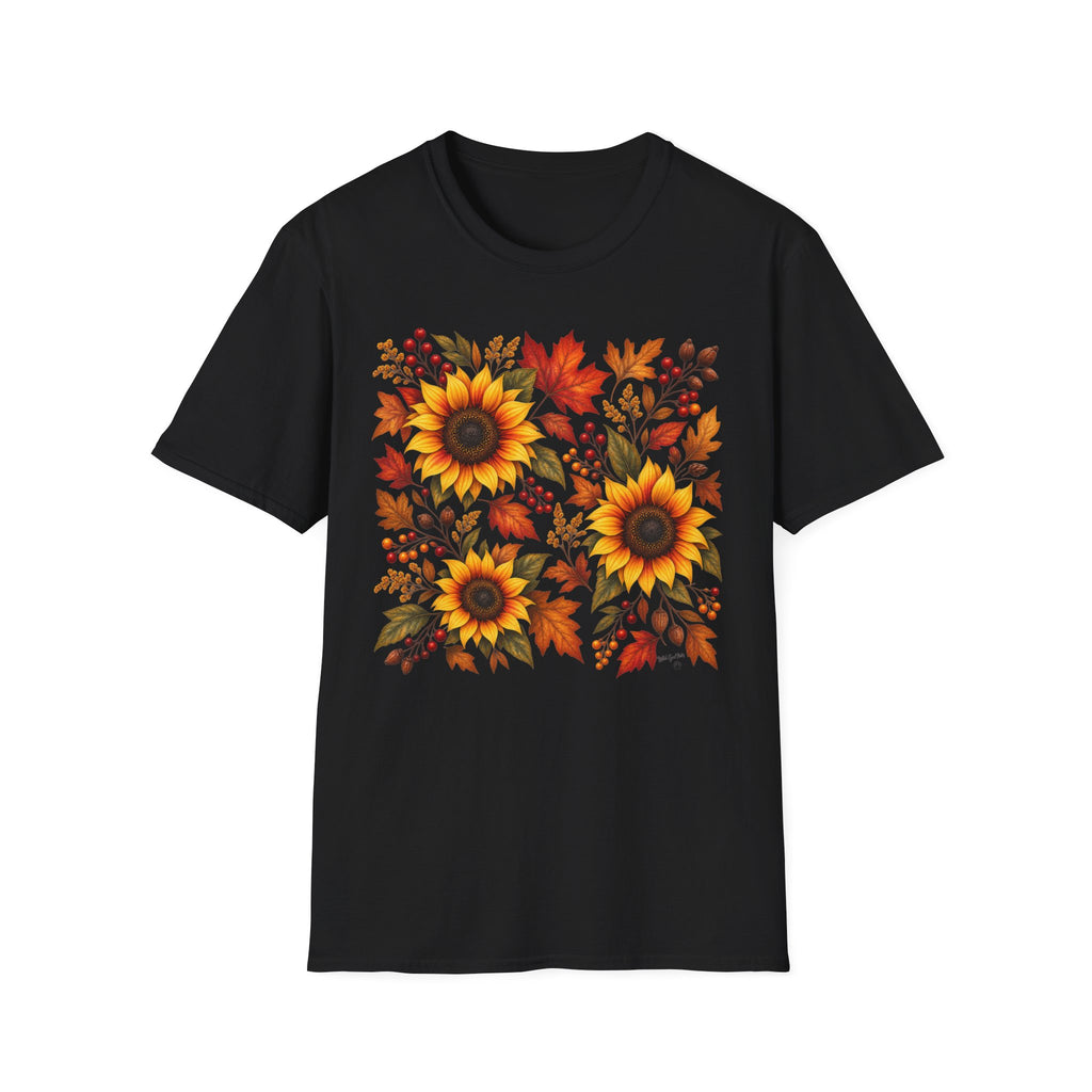Sunflower & Autumn Leaves T-Shirt — Fall Floral Tee