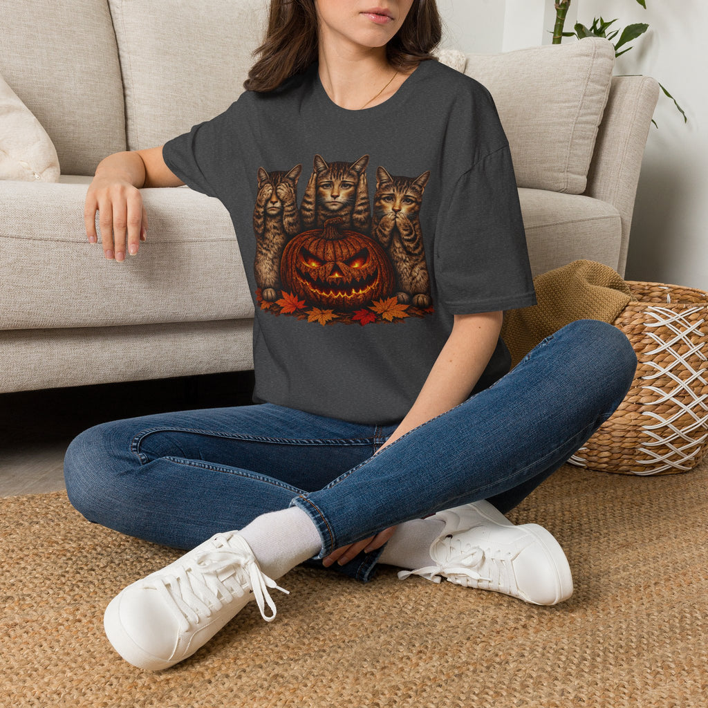 No Evil... Anthropomorphic Cat Pumpkin T-Shirt — Three Spooky Cats with Jack-O'-Lantern