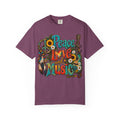 Peace, Love & Music Graphic T-Shirt — Retro Hippie Guitar Sunflower Tee