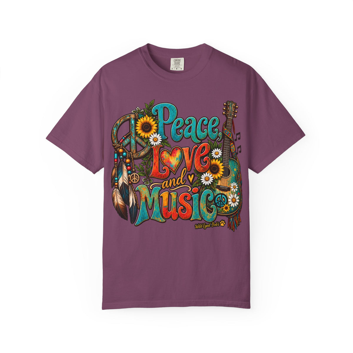 Peace, Love & Music Graphic T-Shirt — Retro Hippie Guitar Sunflower Tee