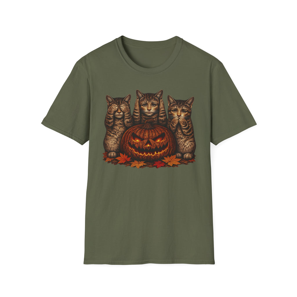 No Evil... Anthropomorphic Cat Pumpkin T-Shirt — Three Spooky Cats with Jack-O'-Lantern