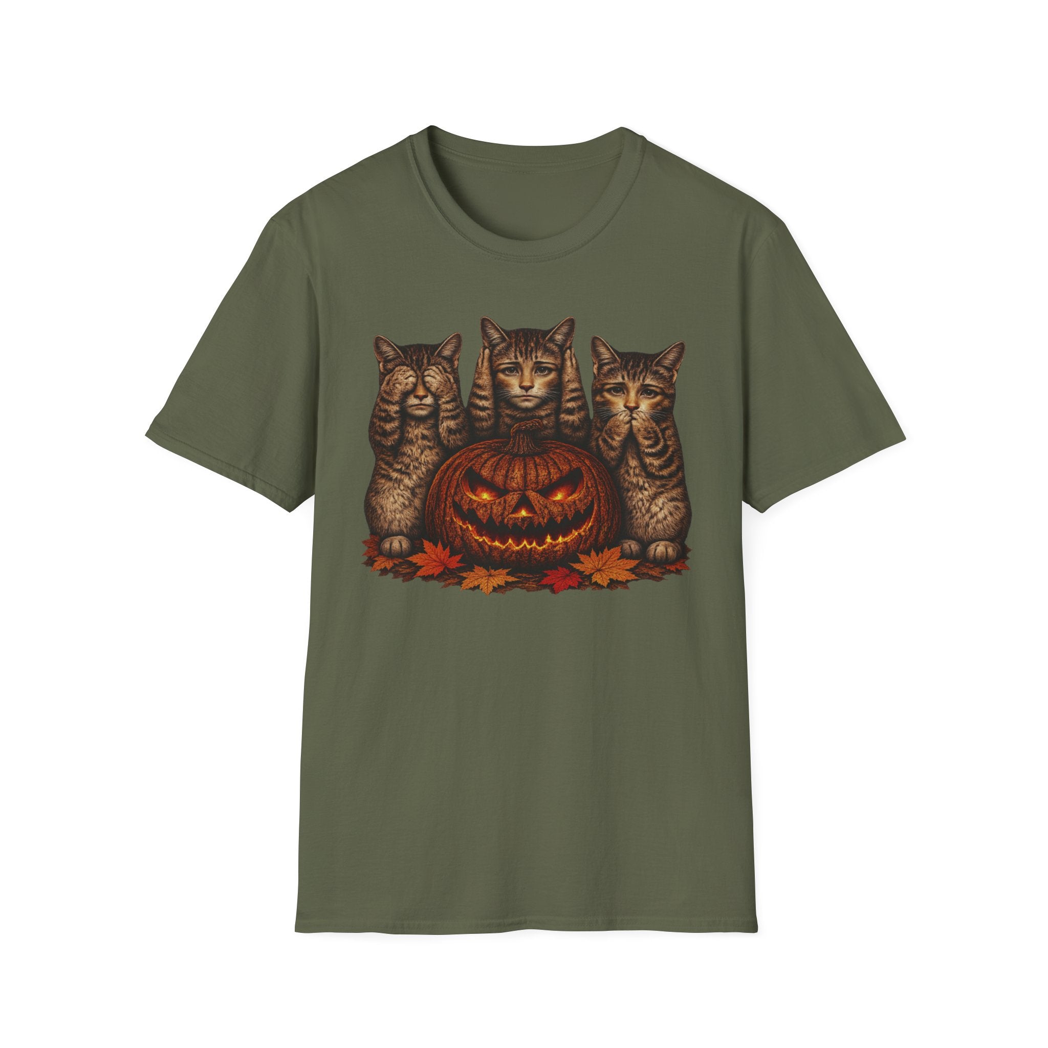 No Evil... Anthropomorphic Cat Pumpkin T-Shirt — Three Spooky Cats with Jack-O'-Lantern