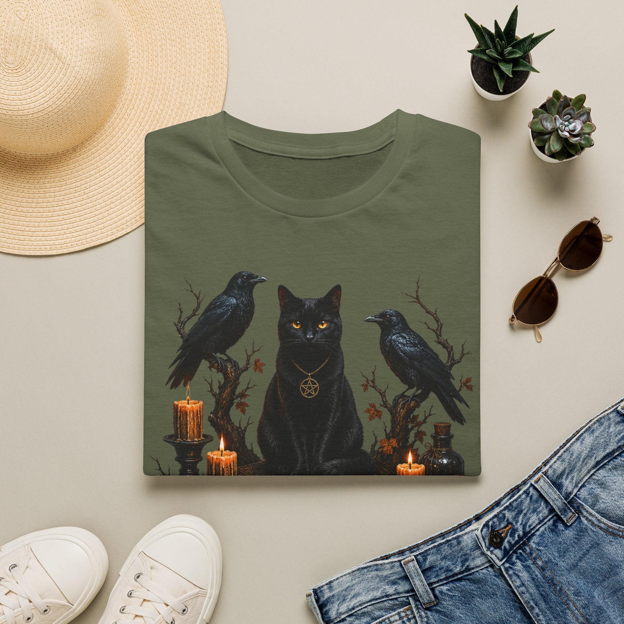 Occult Black Cat T-Shirt — Witchy Candle & Raven Spell Design