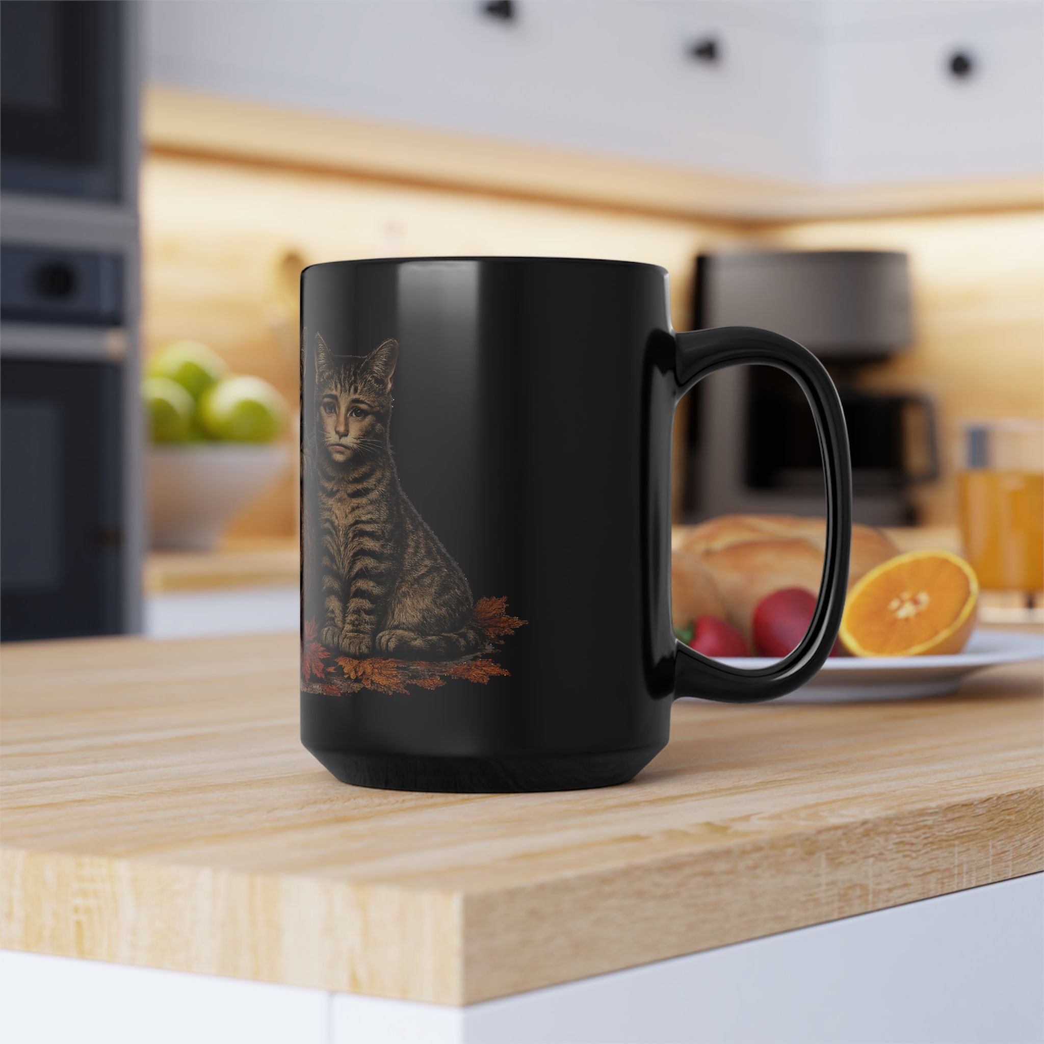 Halloween anthropomorphic Cats Black Mug — Pumpkin Jack-O'-Lantern & Tabby Kittens Coffee Cup (11oz/15oz)