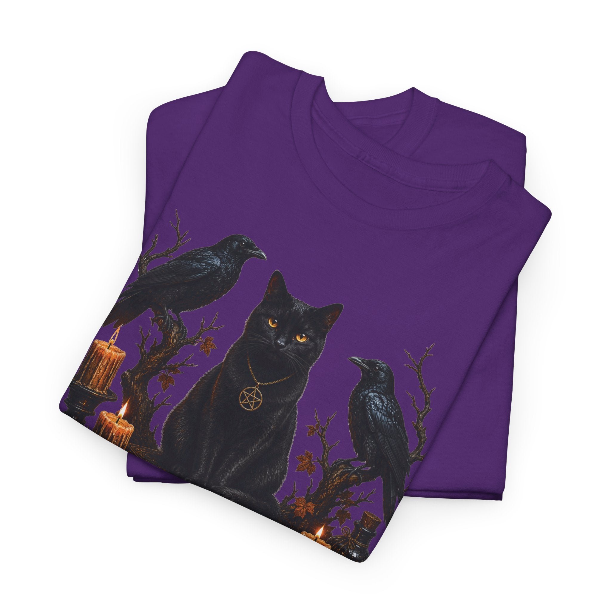 Witchy Black Cat T-Shirt — Candlelit Raven & Grimoire Gothic Tee