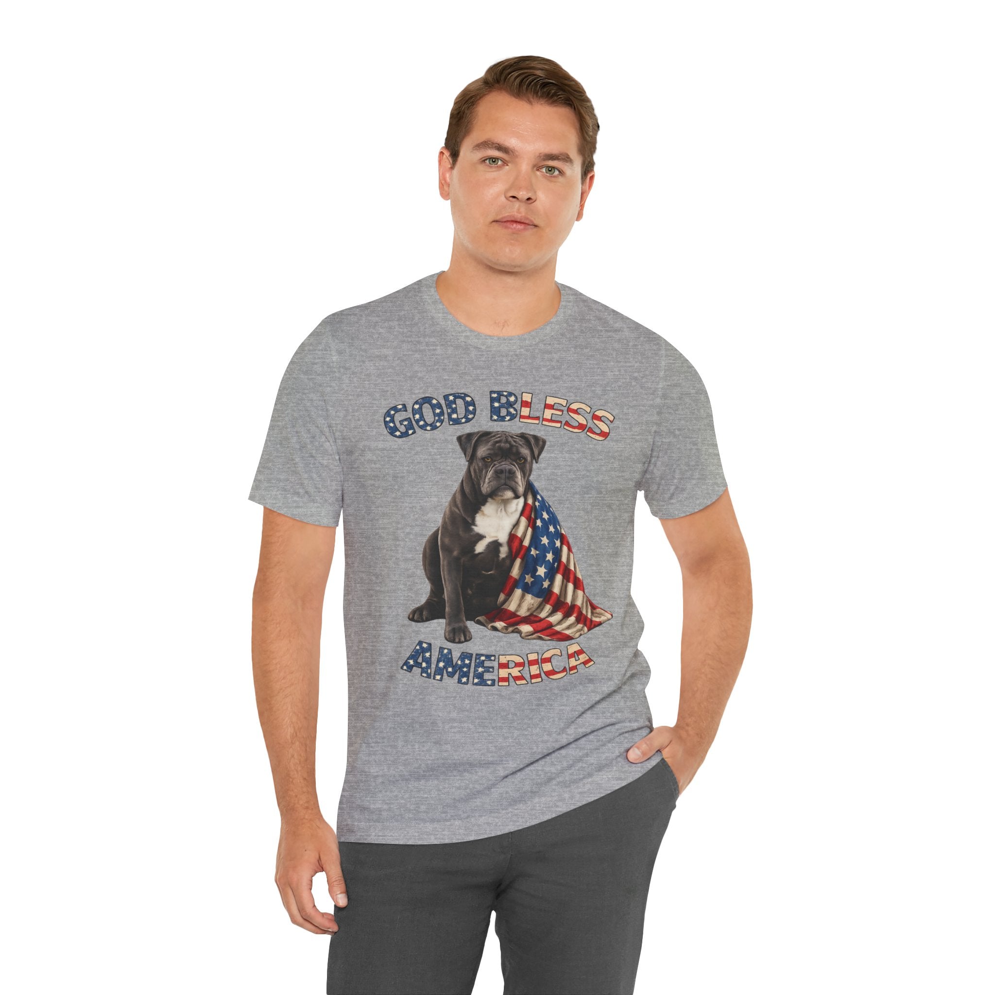 Patriotic Bulldog Tee – "God Bless America" USA Flag Dog T-Shirt